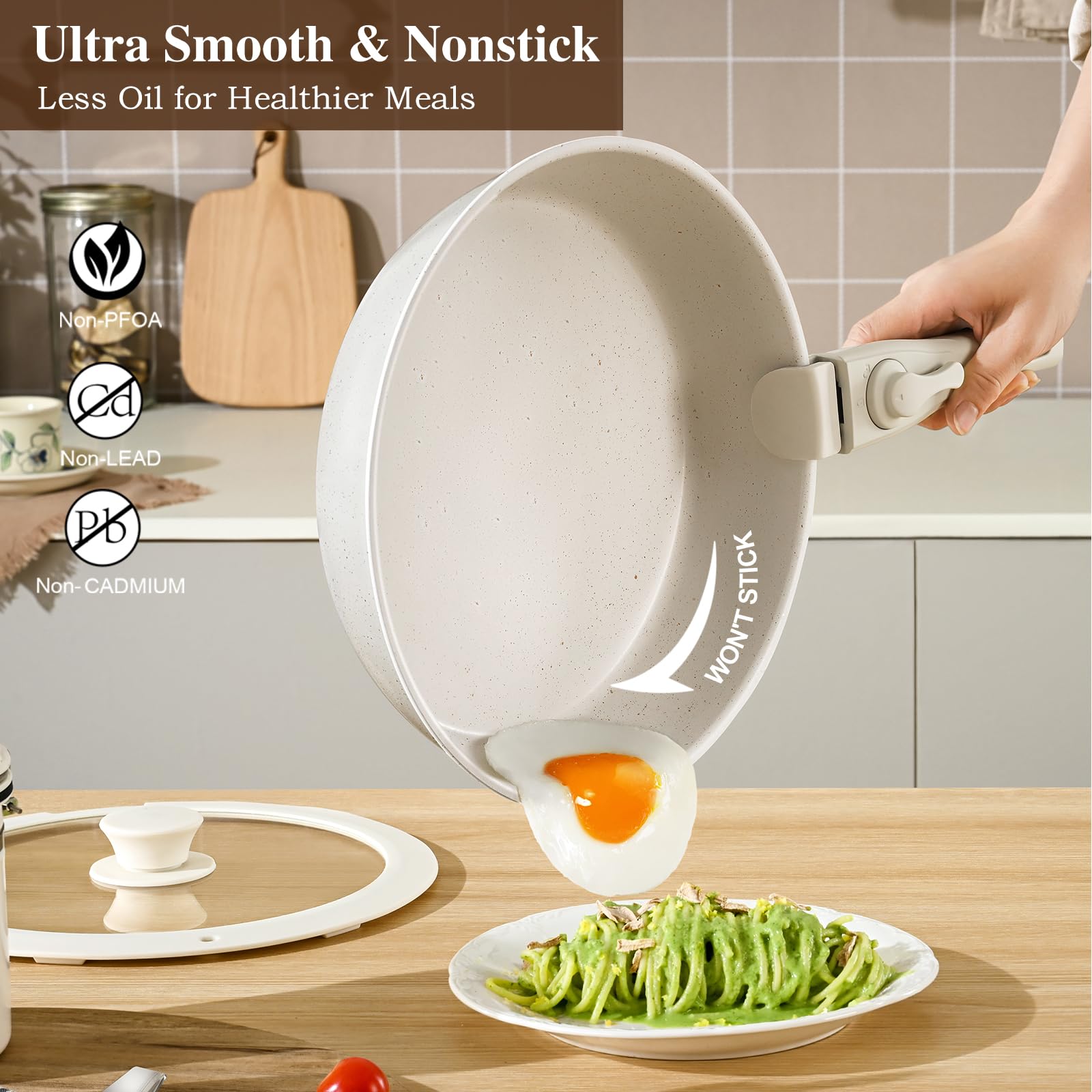 20-Piece Non-Stick Pots and Pans Set with Detachable Handles - Stackable Granite Cookware for Induction, RV & Kitchen - Dishwasher & Oven Safe Cream White - Perfect for Camping, Small Spaces & Everyday Cooking