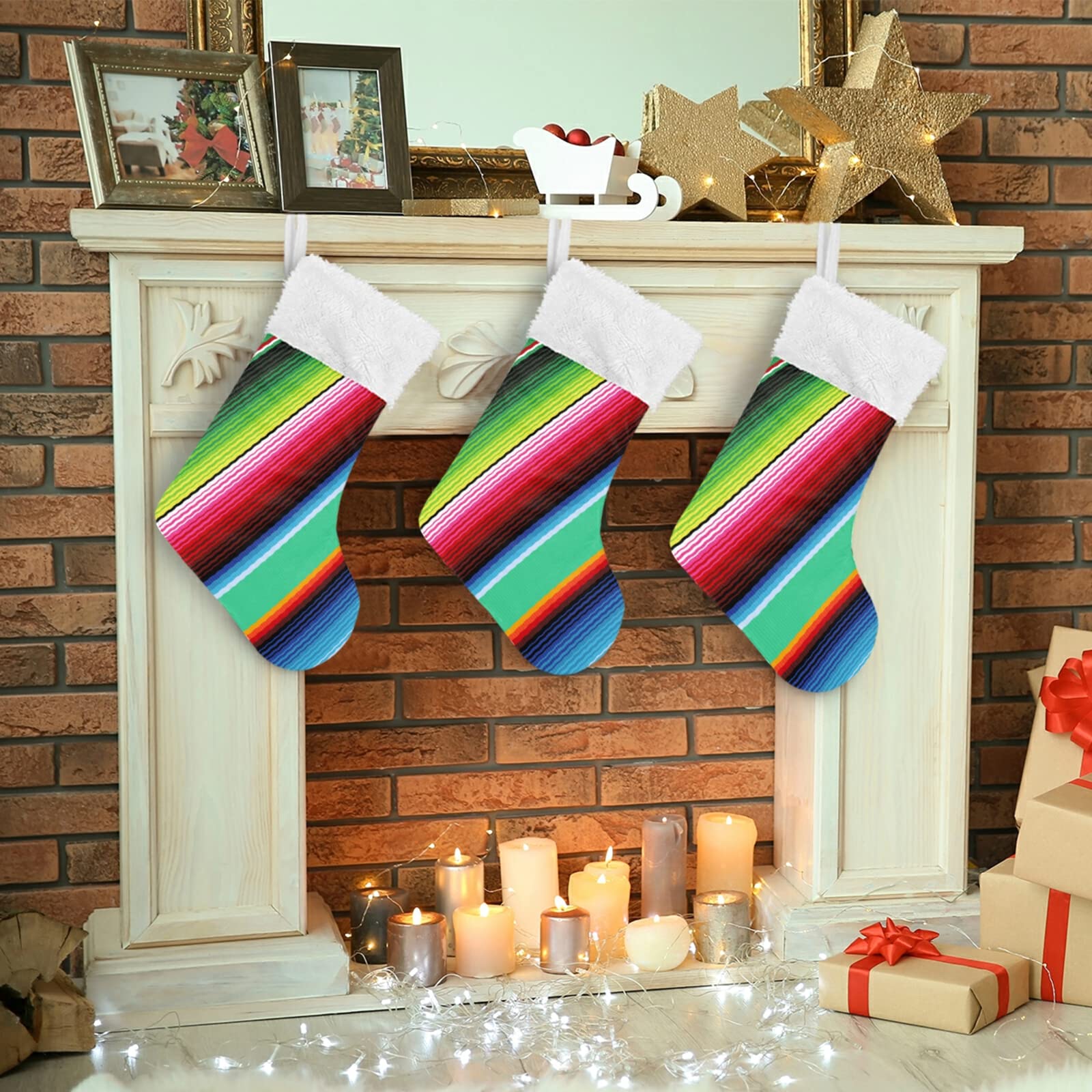 1 Pack Mexican Serape Striped Christmas Stocking - 17.7 Inch Fireplace Hanging Decor for Holiday Home, Party & Gift Exchange | Xmas Mantel Decoration, Festive Seasonal Ornament