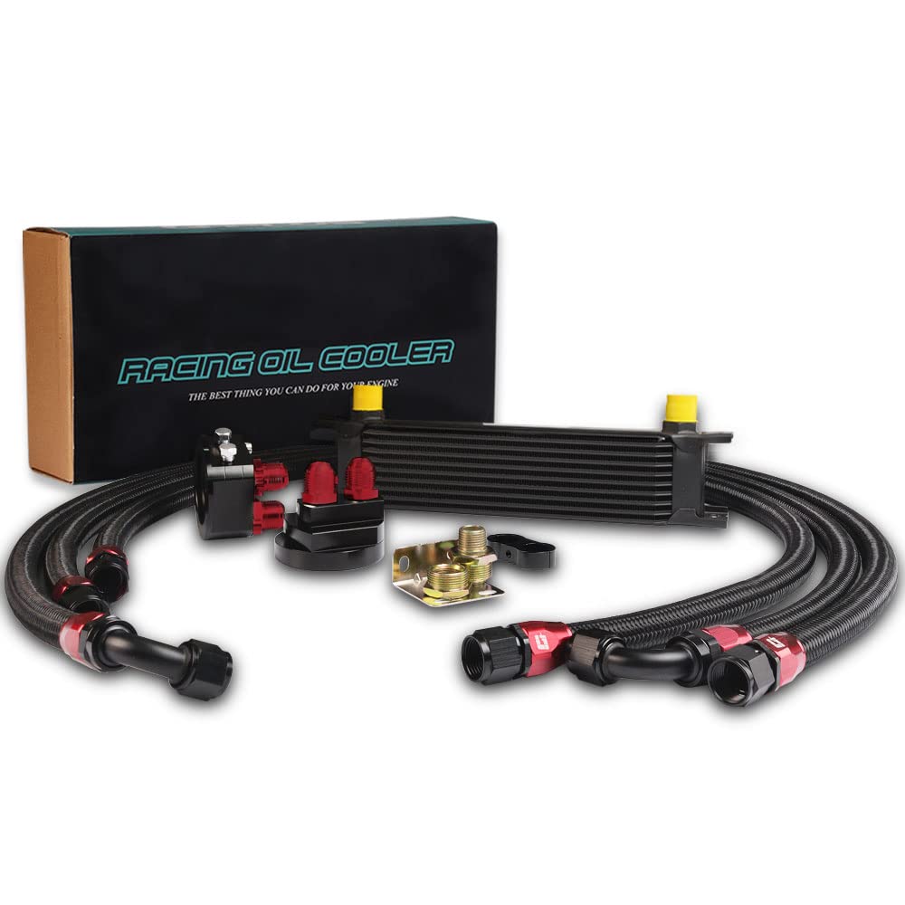 PIT66 10 Row 10AN Universal Aluminum Engine & Transmission Oil Cooler Kit with Oil Filter Relocation Set - High Performance Cooling for Cars, Trucks, and Racing Vehicles - Perfect for Off-Road, Towing, and High-Temperature Driving Conditions