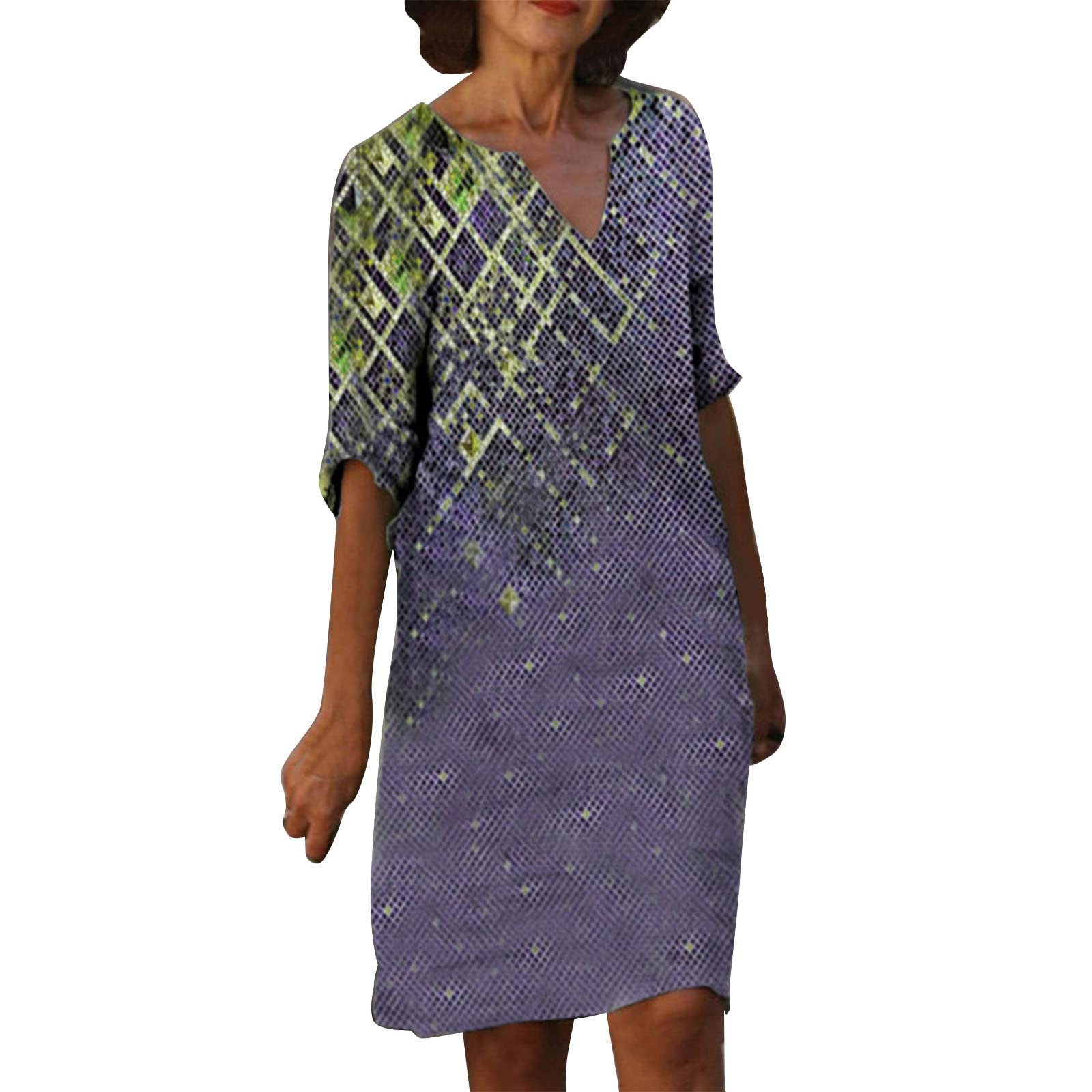Women's Summer Linen Dress - Floral Print Half Sleeve O-Neck Knee Length Dress for Women | Perfect for Beach Vacation, Garden Party & Casual Spring Outings