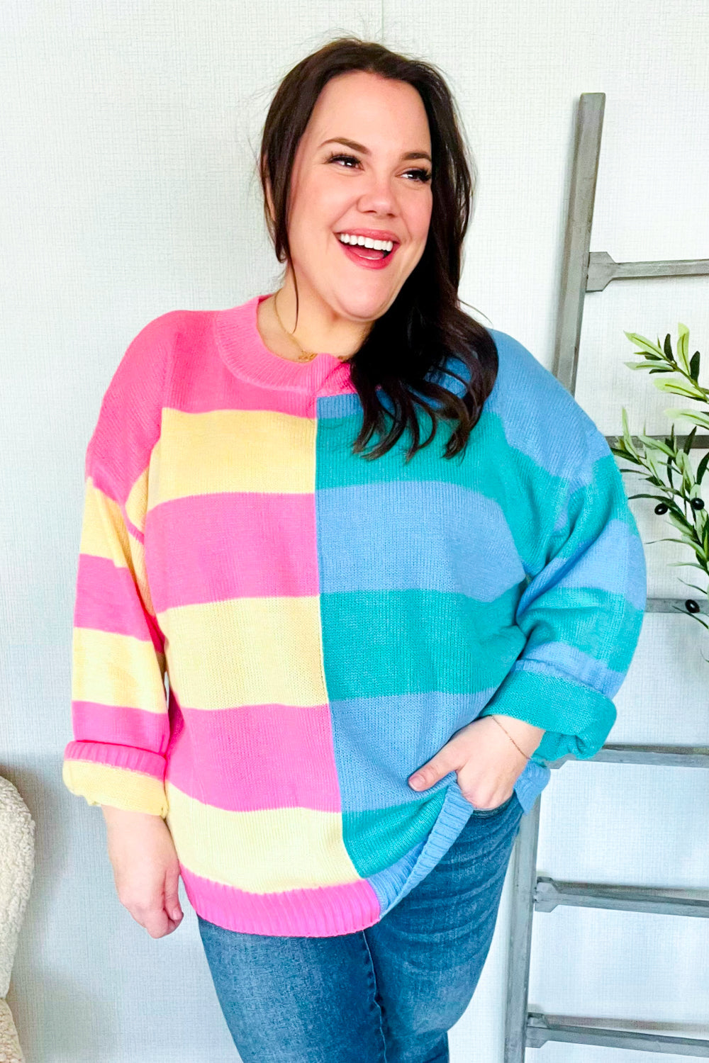 Stylish Blush & Blue Stripe Color Block Knit Sweater for Women | Trendy Casual Pullover | Perfect for Fall Outfits, Date Nights & Cozy Weekends