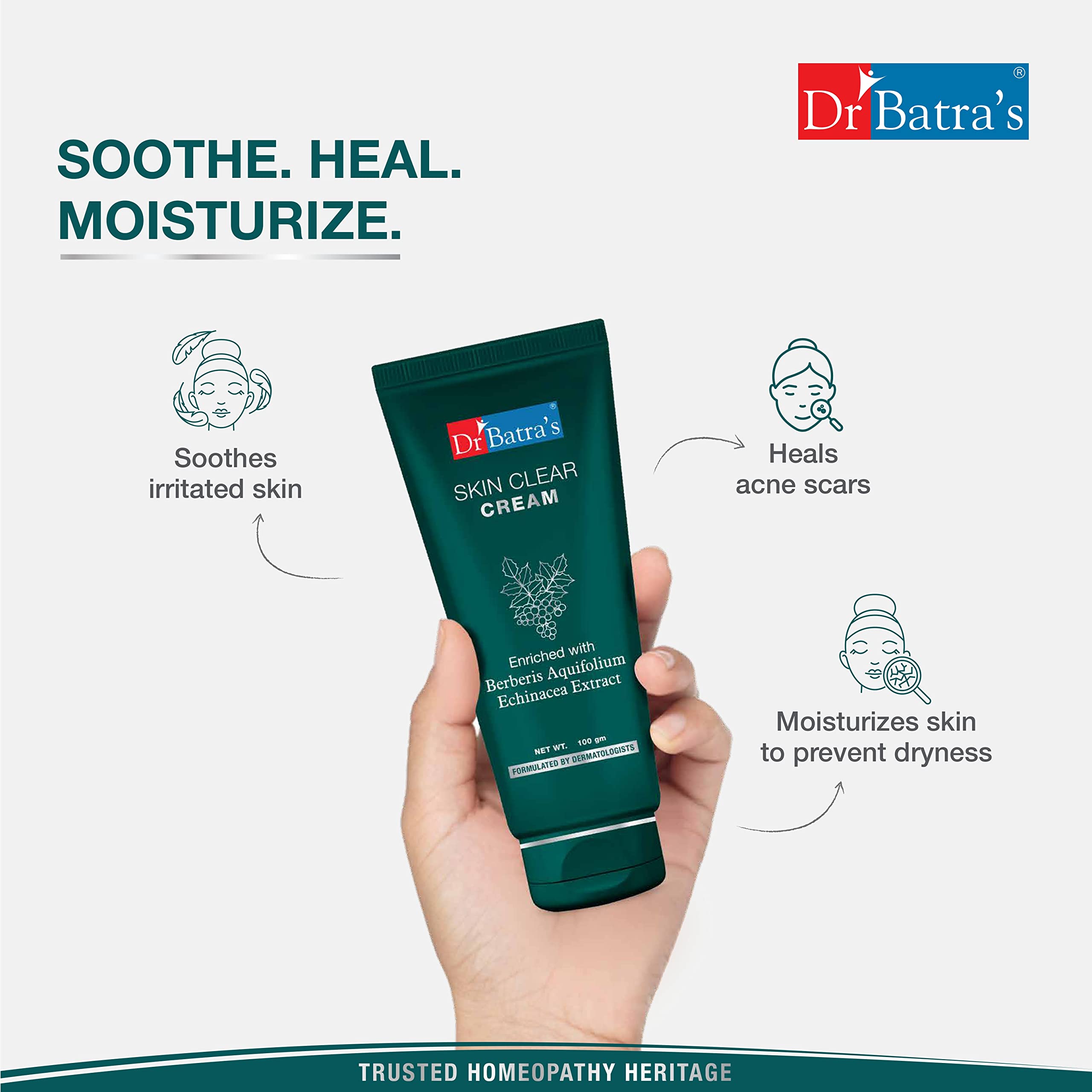 Dr Batra's Skin Clear Cream - 100g | Natural Berberis Aquifolium & Echinacea Formula | SLS & Paraben Free | Smooth & Supple Skin Care | Perfect for Acne-Prone & Sensitive Skin | Daily Moisturizing Solution