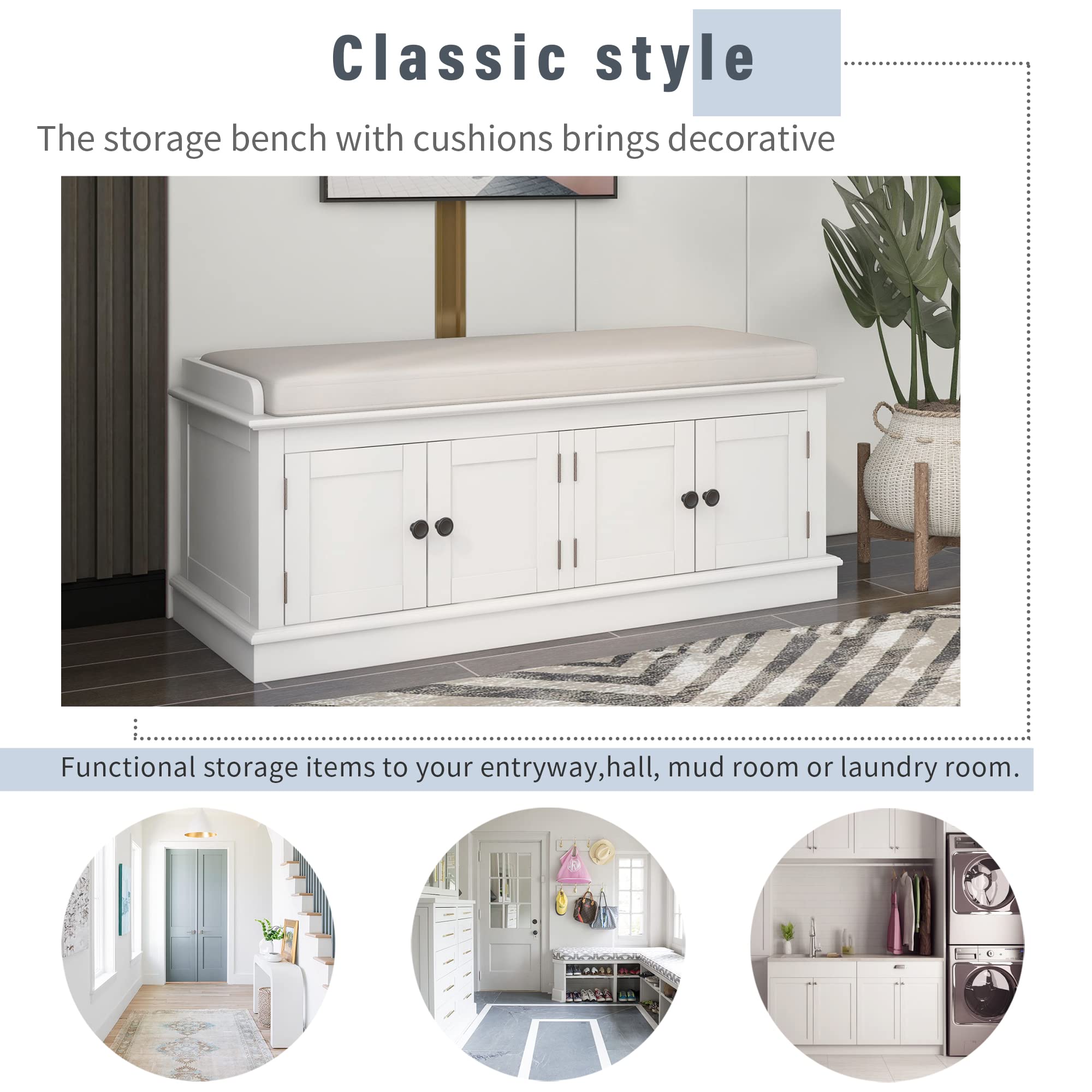 RUNNA White Wooden Storage Bench with 4 Doors & Adjustable Shelves - Entryway Shoe Organizer, Ottoman Cabinet with Removable Cushion for Hallway, Living Room, Bedroom - Perfect for Small Space Organization & Entryway Seating