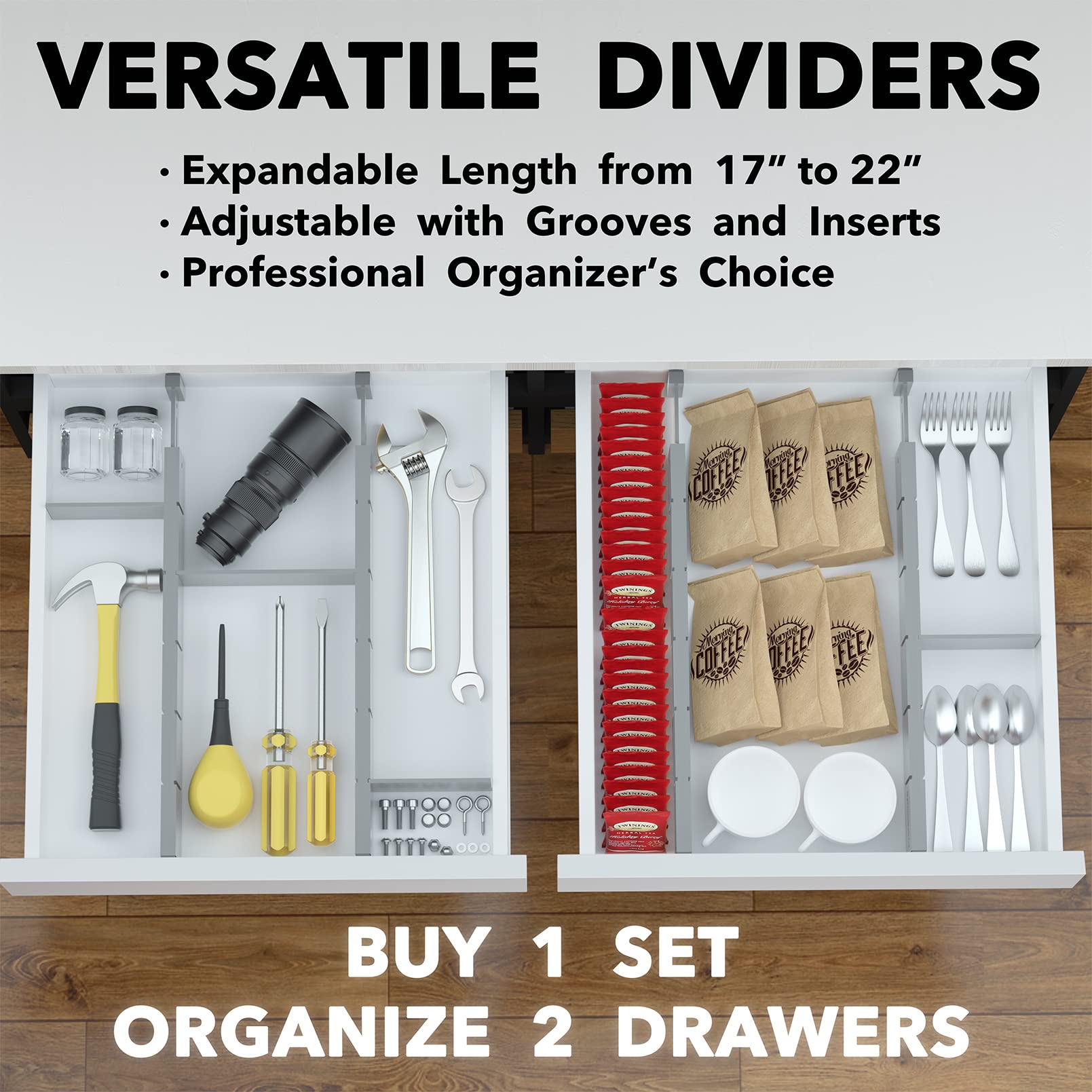 SpaceAid Bamboo Drawer Dividers with Inserts & Labels - Adjustable Kitchen Drawer Organizer Set (4 Dividers + 9 Inserts) for Home, Office, Dresser - Expandable 17