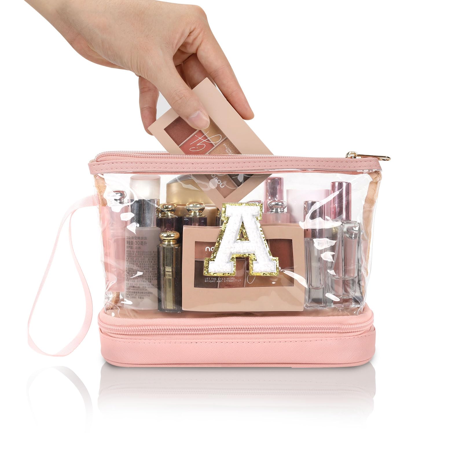 Personalized Initial Makeup Bag - Small Clear Zippered Cosmetic Pouch, Waterproof PU Leather Brush Organizer (Pink) | Perfect for Travel, Gym & Daily Essentials Storage