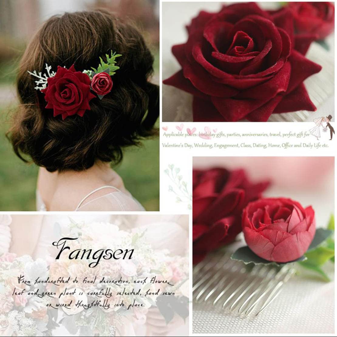Handmade Velvet Rose Hair Comb for Women | Wedding Hair Accessories | Bridal Hairpiece with Artificial Flowers | Elegant Rose Hairpin for Prom, Banquet & Special Events | Perfect for Bridal Showers, Date Nights & Formal Occasions (Deep Red)