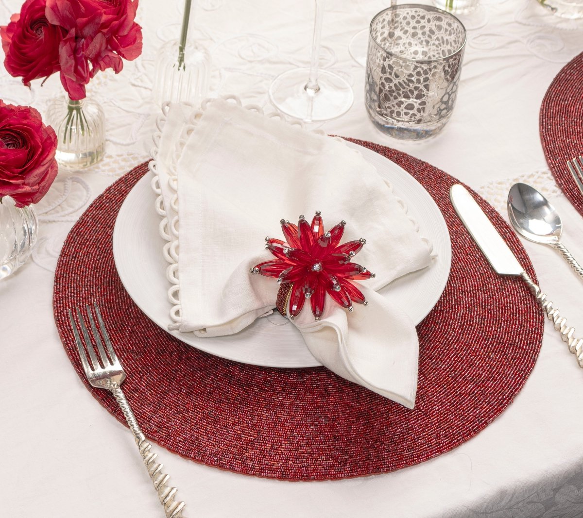 Red Confetti Placemats Set of 4 - Waterproof Round Table Mats for Dining, Parties & Home Decor - Perfect for Christmas, Thanksgiving & Everyday Use