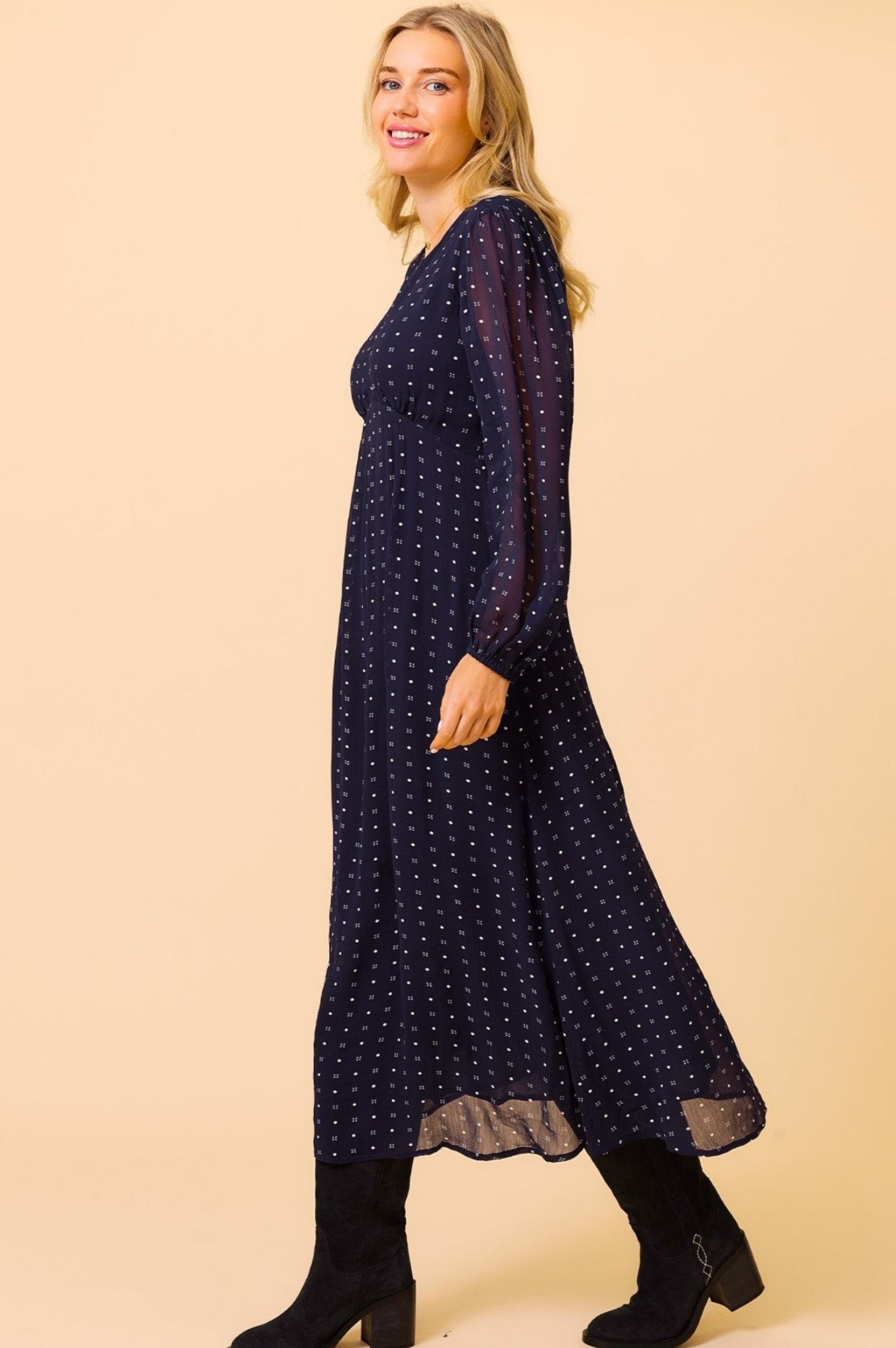 Evelyn Polka Dot Navy and White Dress - Women's Floral Summer Dress for Casual Wear, Office, and Special Occasions