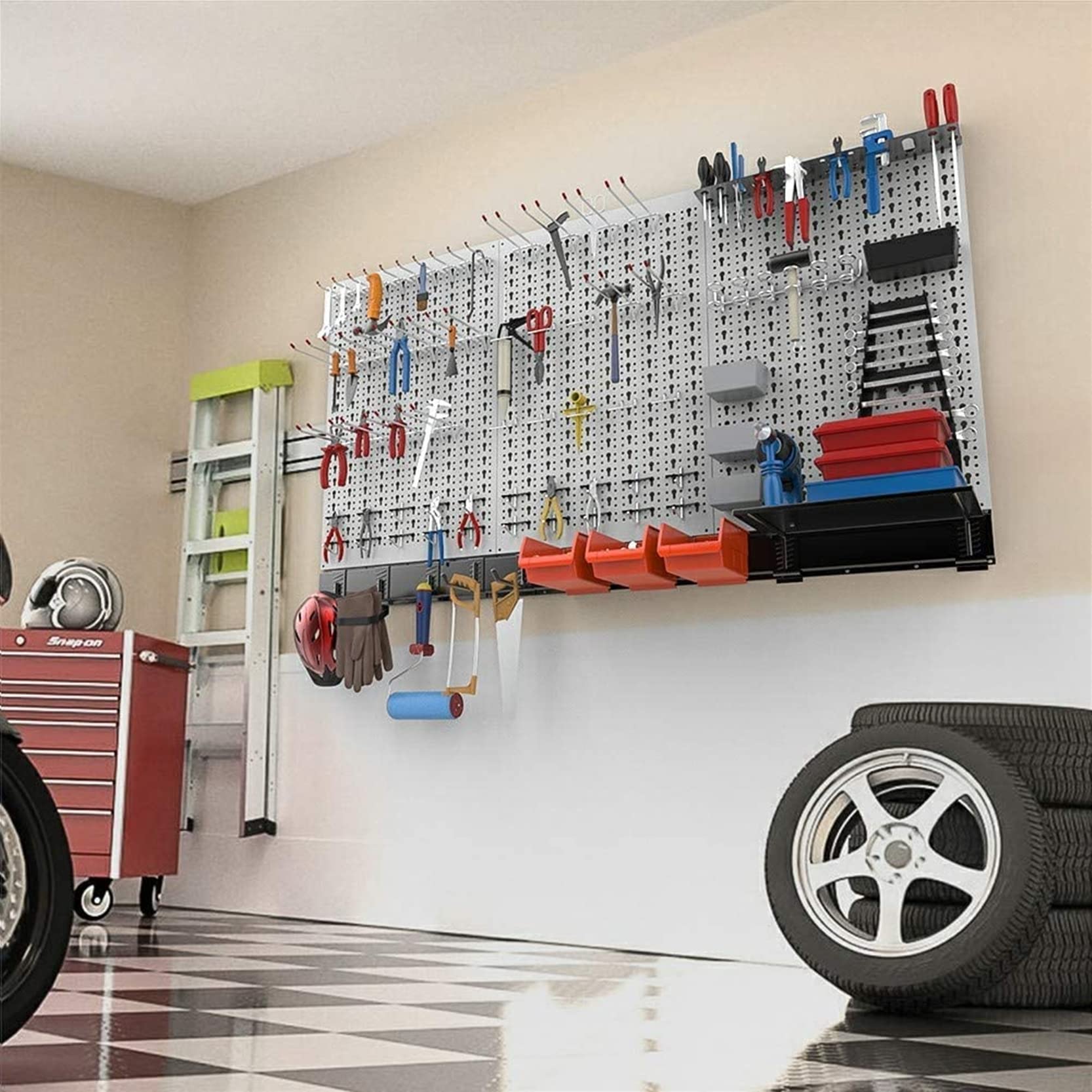 TORACK 109-Piece Pegboard Wall Organizer Kit - 4 ft Metal Garage Tool Storage System with Hooks, Bins & Shelf | Wall Mounted for Workshop, Garage & Home Organization