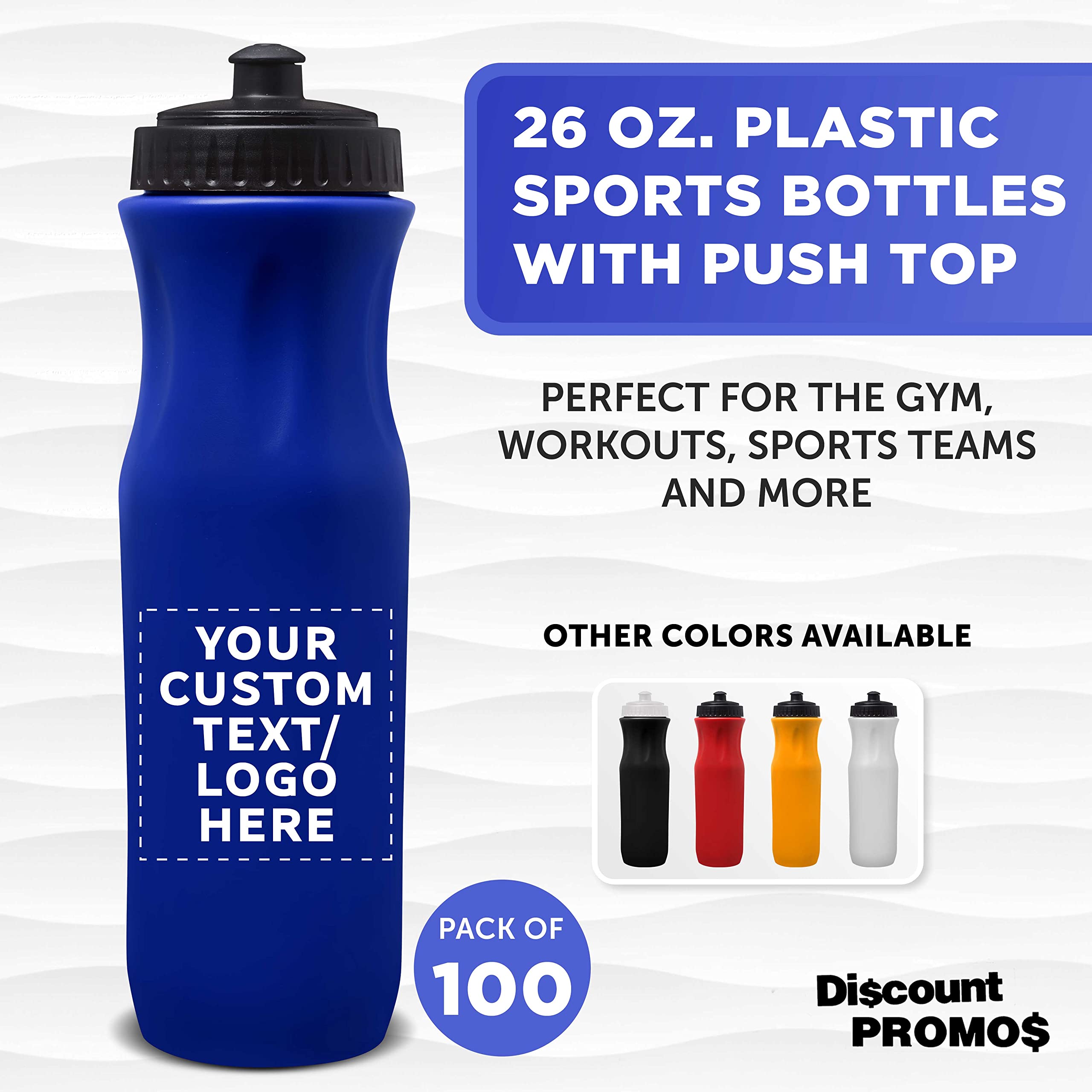100 Pack 26 oz Plastic Water Bottles with Black Push Top Lid - Customizable Text & Logo - Bulk Reusable Water Bottles for Sports, Gym, School, and Outdoor Activities - Blue