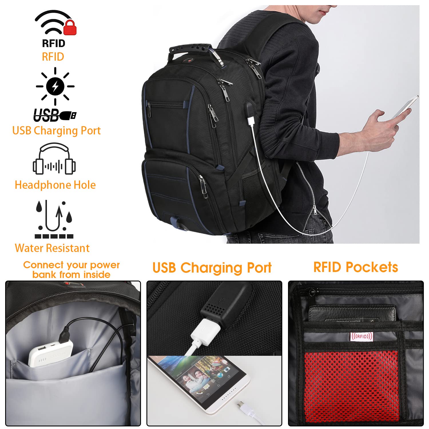 LTINVECK 50L Large Travel Laptop Backpack for Men & Women - TSA Friendly Carry On Backpack with USB Charging Port - Water Resistant Durable 17 Inch Laptop Bag for Business, College, Commuting & Air Travel