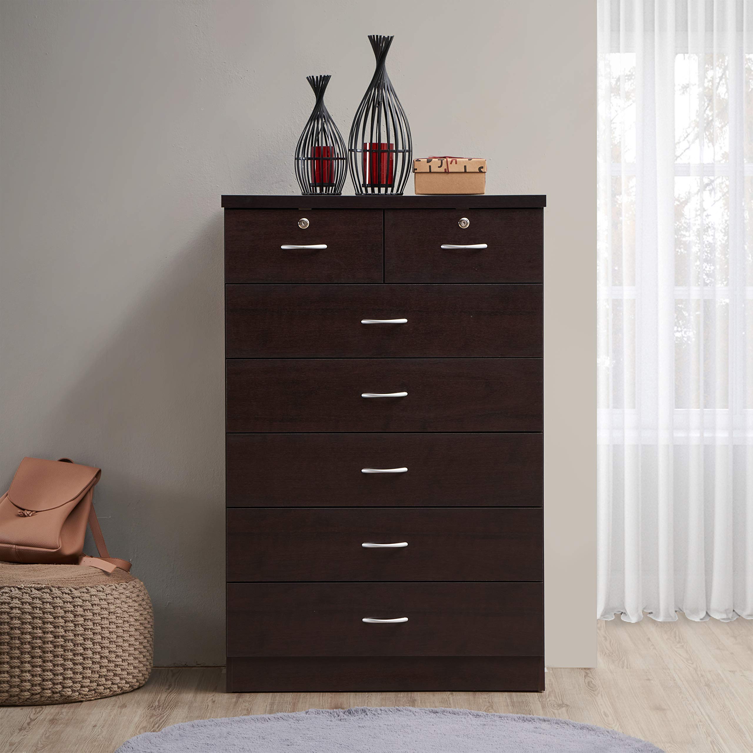 HODEDAH 7-Drawer Wooden Dresser for Bedroom - 31.5 Inch Wide Chest of Drawers with Locking Top Drawers - Chocolate Brown Storage Organizer for Clothes, Linens & Accessories - Perfect for Bedroom, Nursery or Closet Organization