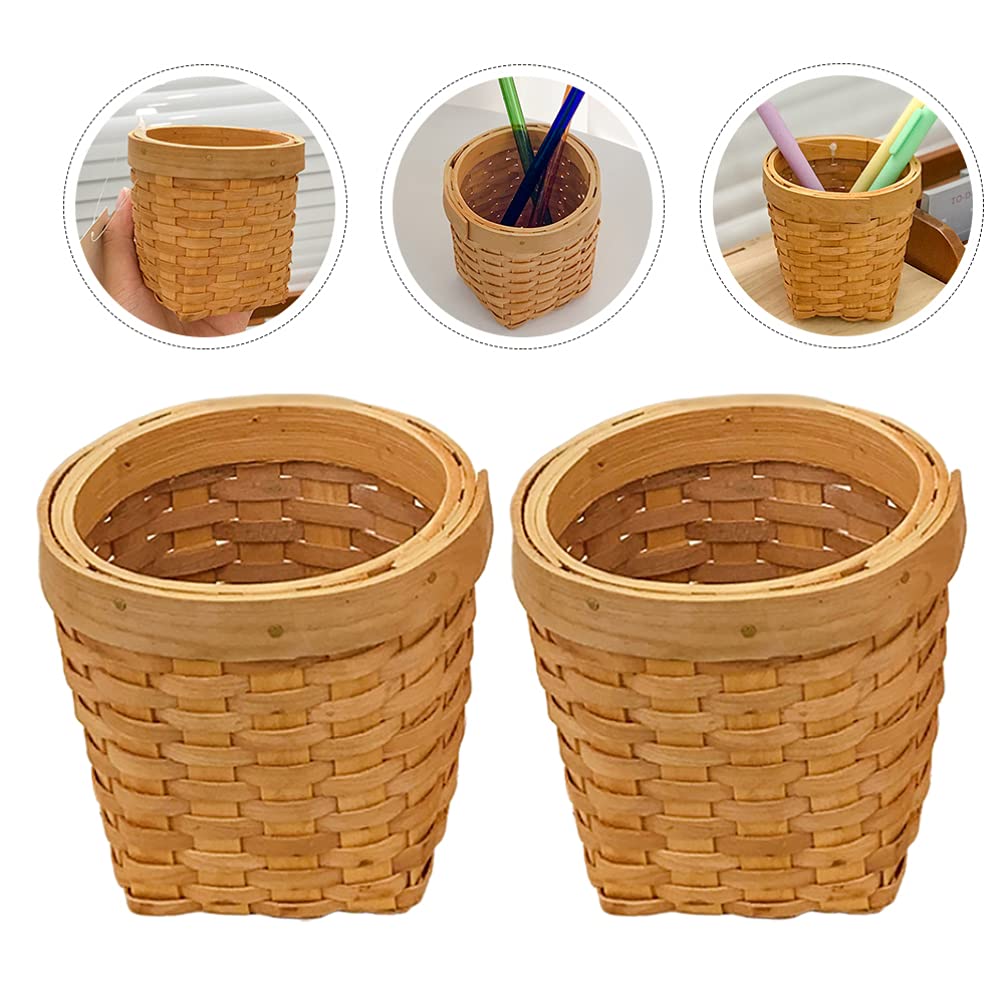 Cabilock 2-Pack Woven Rattan Pen Holder - Desktop Stationery Organizer, Pencil Cup & Makeup Brush Holder - Natural Wicker Office Desk Accessory for Home, Office & School Organization | Perfect for Desk Decor, Craft Storage & Plant Pots