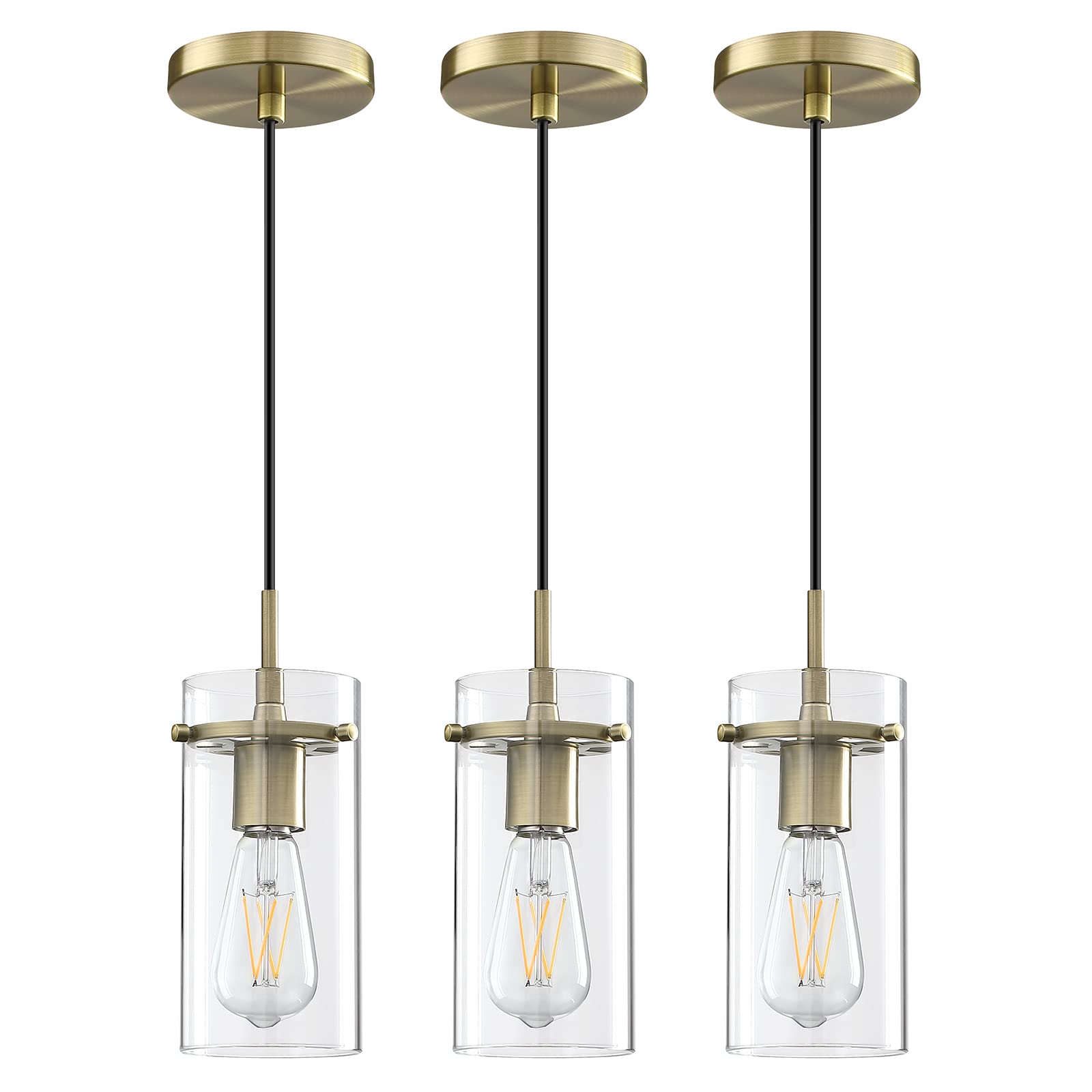 Dolaimy House 3-Pack Clear Glass Gold Vintage Pendant Light Fixture - Brushed Bronze Finish, Modern Hanging Ceiling Light for Kitchen Island, Dining Room & Living Room | Perfect for Farmhouse, Industrial & Retro Home Decor