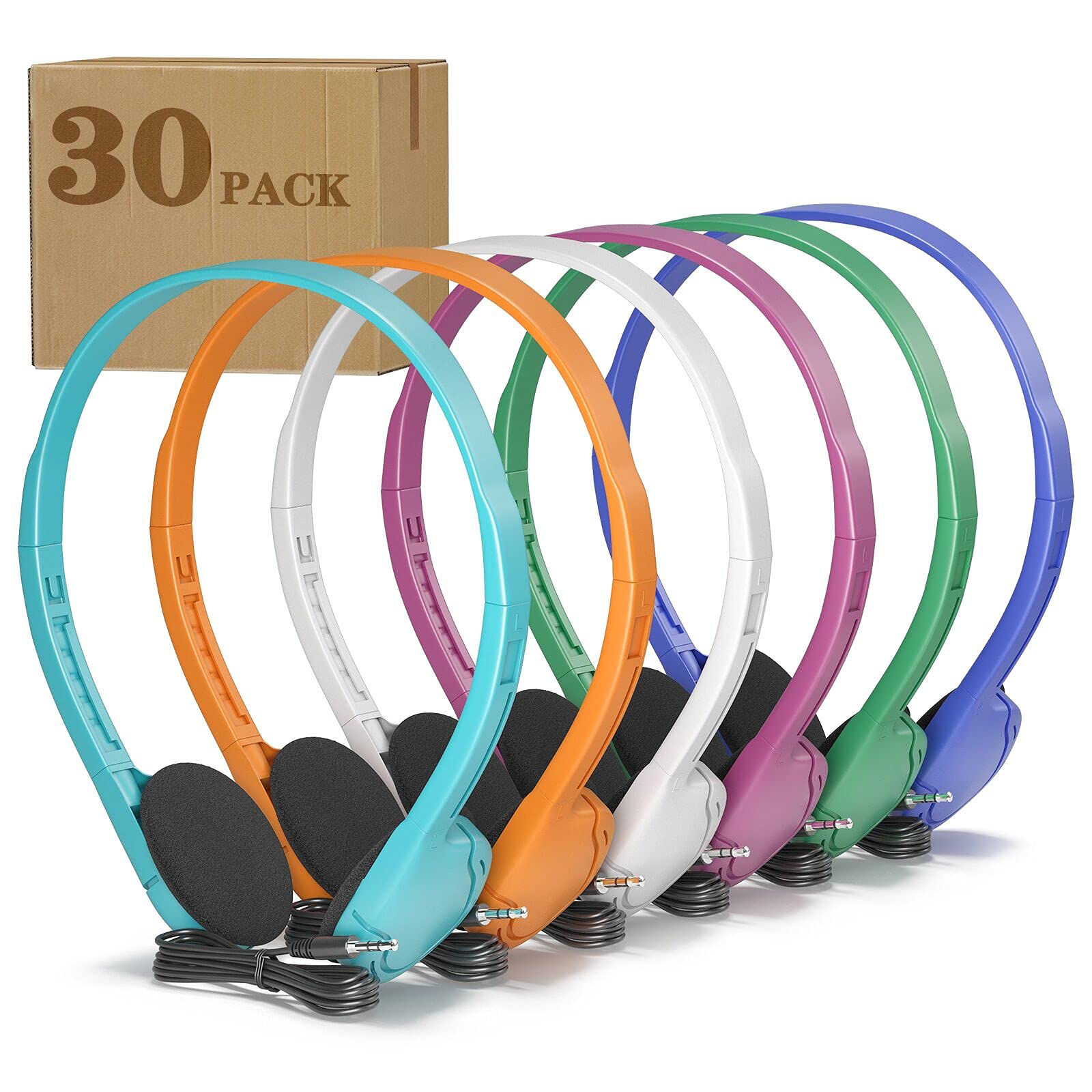 30 Pack Bulk Classroom Headphones - Wired Disposable Headphones for Kids & Teens - School, Computer, Laptop & Chromebook Use - Mixed Colors (No Mic) - Perfect for Classrooms, Libraries & Study Sessions