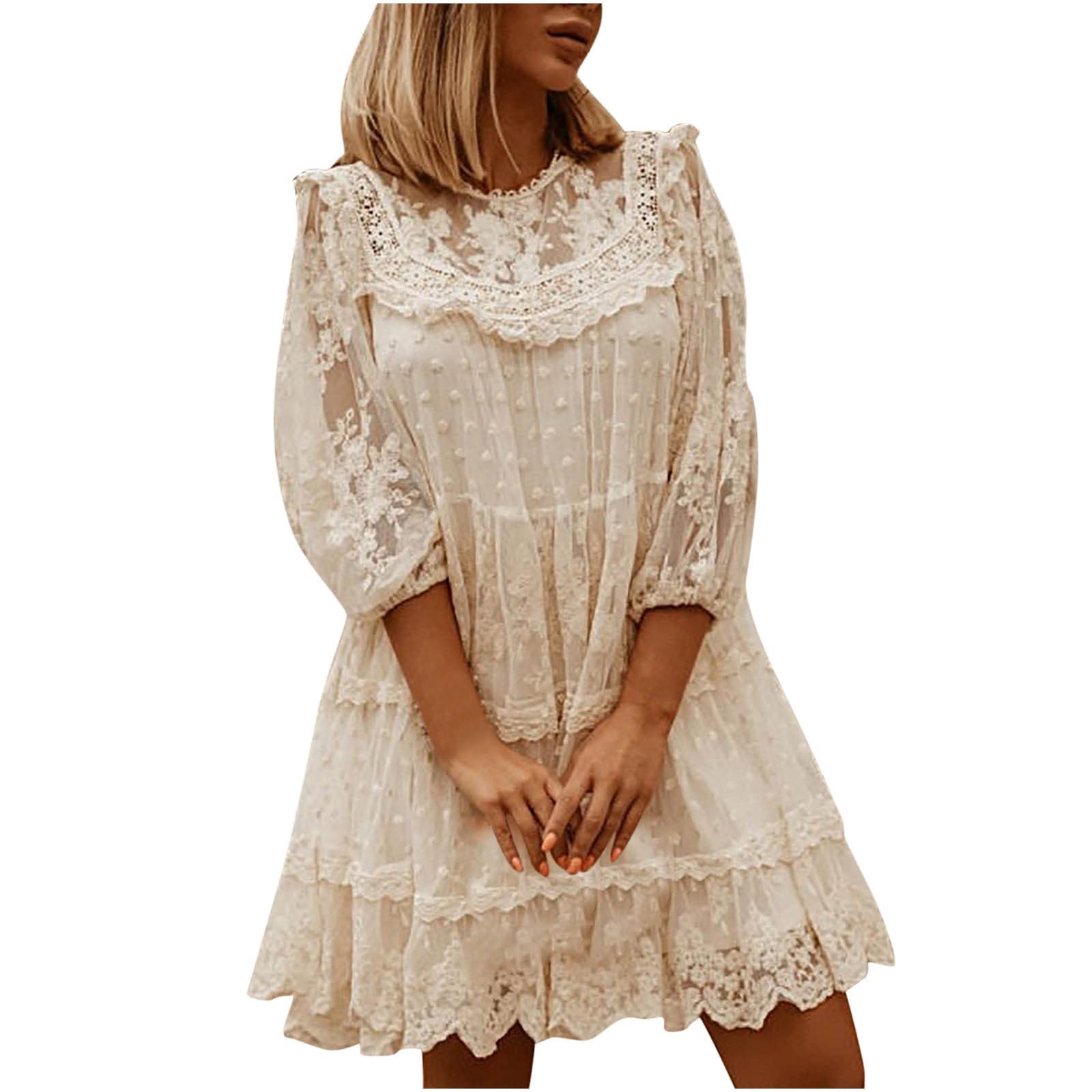 Sexy Crewneck 3/4 Sleeve Hollow Out Lace Mini Dress for Women - Elegant Solid Color Party & Date Night Outfit - Perfect for Cocktail Parties, Evening Events and Romantic Dinners