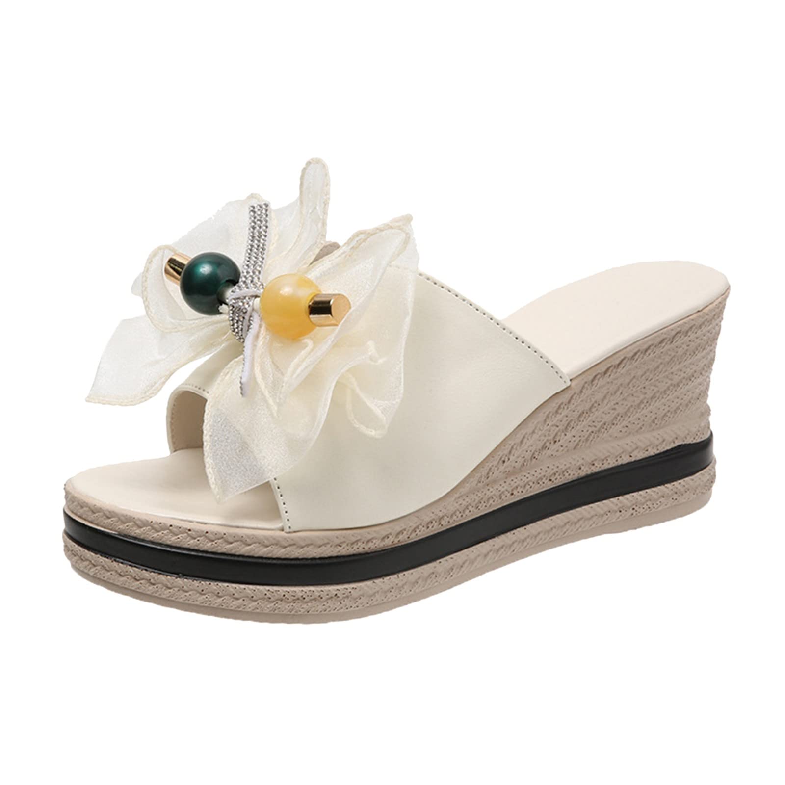 Women's Gold Sandals with Rhinestones & Bow Ribbon - Summer Fashion High Heel Wedge Platform Sandals for Parties, Weddings & Beach Vacations