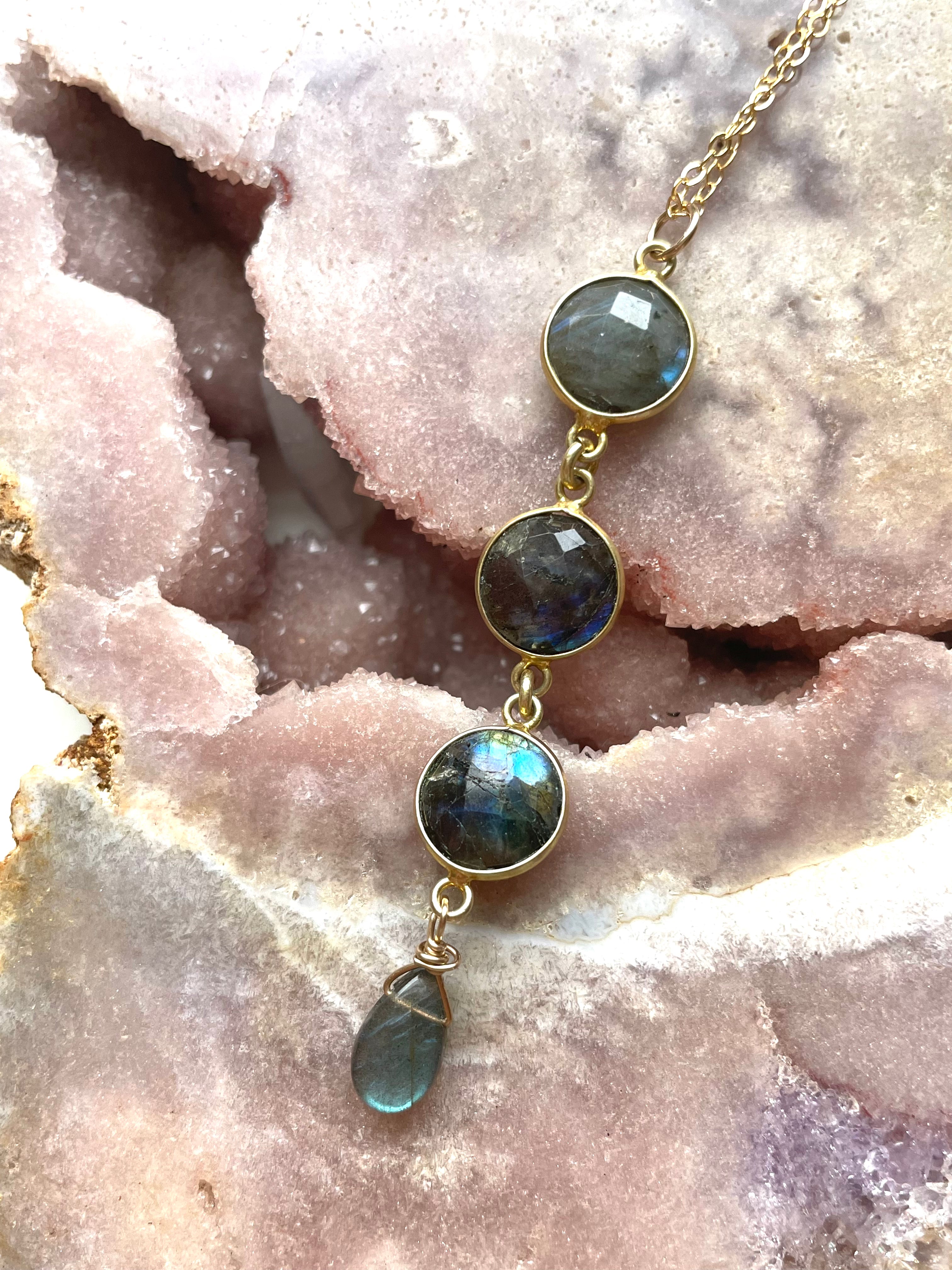 Natural Labradorite Lariat Necklace - 14K Gold or Sterling Silver Pendant - Elegant Crystal Jewelry for Women - Perfect for Weddings, Parties & Everyday Wear