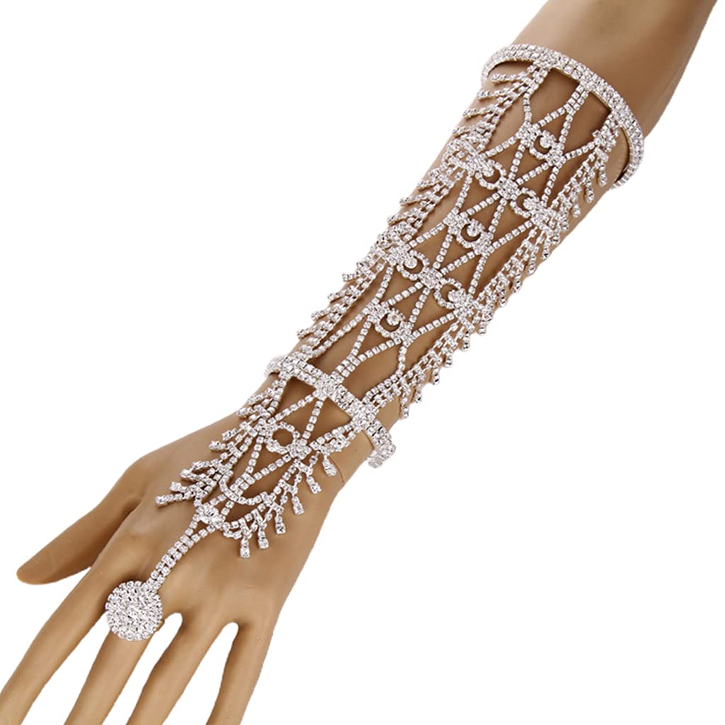 Sparkling Rhinestone Arm Cuff Bracelet - Elegant Leaf & Tassel Hand Chain Jewelry for Women | Perfect for Parties, Weddings & Evening Events