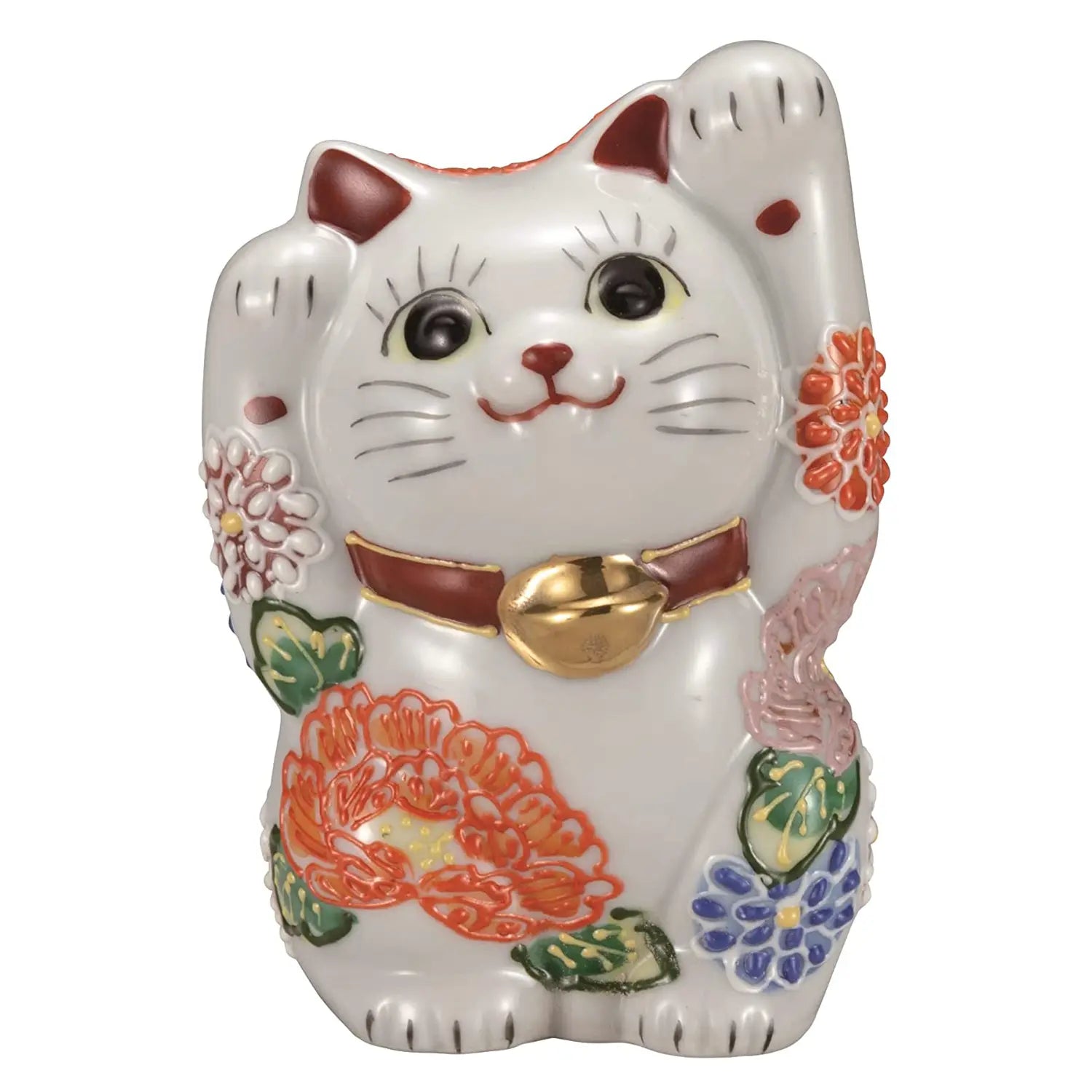Authentic Japanese Kutani Ware Porcelain Maneki Neko Figurine - Hanazukushi 4 Go - Lucky Beckoning Cat Statue for Home Decor, Office & Gift Giving