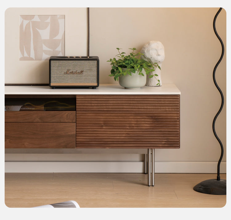 Modern Black Walnut Solid Wood TV Stand with Rock Panel Design - Stylish Entertainment Center for Living Room, Home Theater & Media Storage