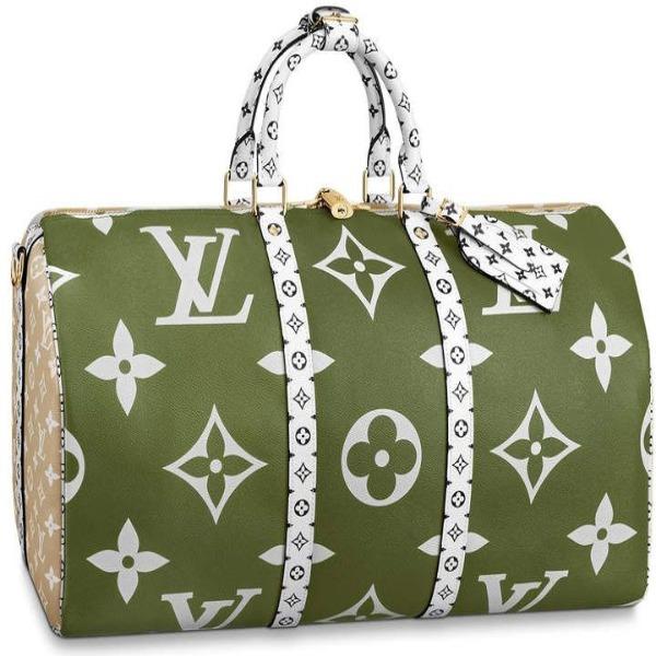 Authentic Louis Vuitton Keepall Bandouliere 50 Travel Bag - Giant Monogram in Green & Beige - Perfect for Weekend Getaways & Luxury Travel Accessories