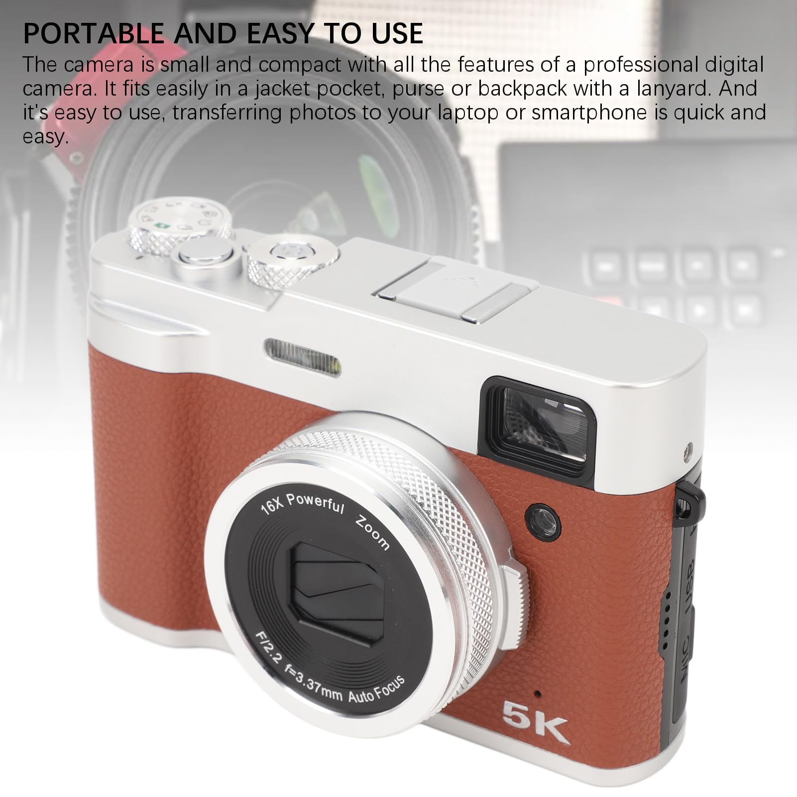 5K Digital Camera for Photography & Vlogging - 48MP Autofocus Dual Lens Camera with 16X Digital Zoom, Compact Point and Shoot Travel Camera (Brown) - Perfect for YouTube Content Creation, Travel Adventures & Everyday Photography