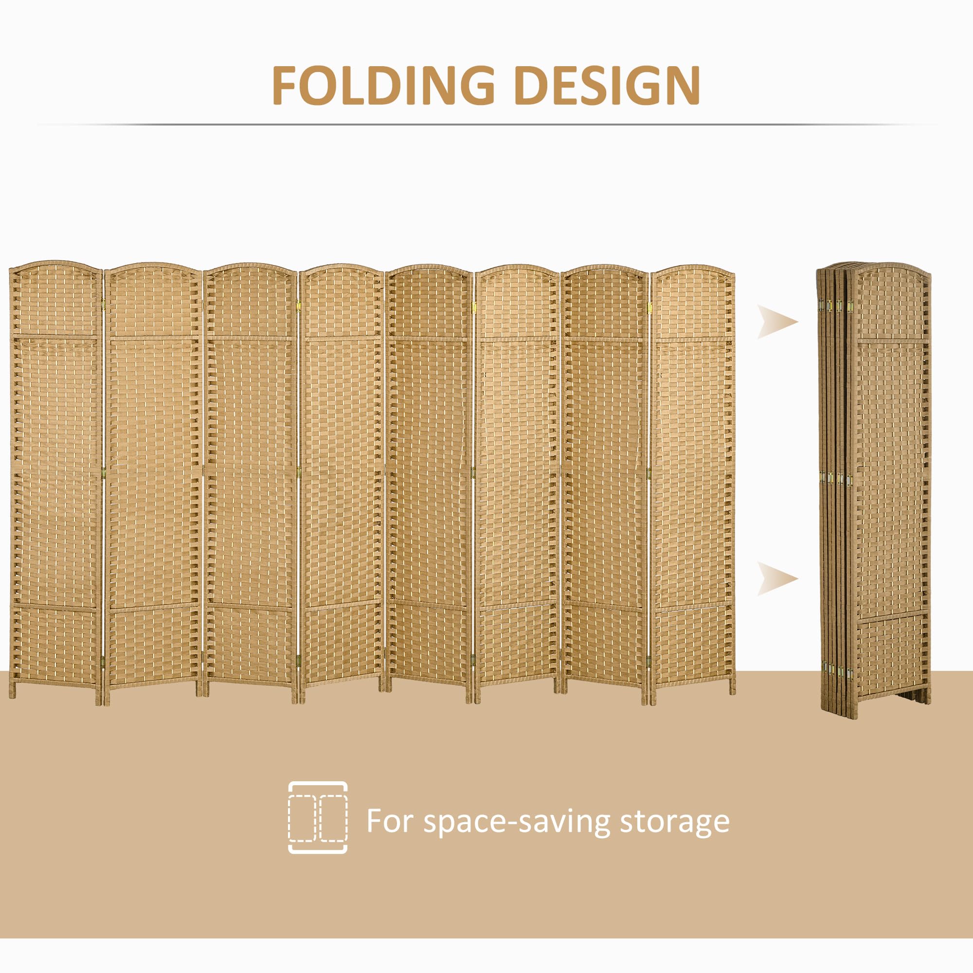 HOMCOM 8 Panel Folding Room Divider Privacy Screen - 5.6 Feet Tall Freestanding Partition Wall for Home Office, Bedroom & Living Room - Natural Wood Finish for Modern Interior Design & Space Organization