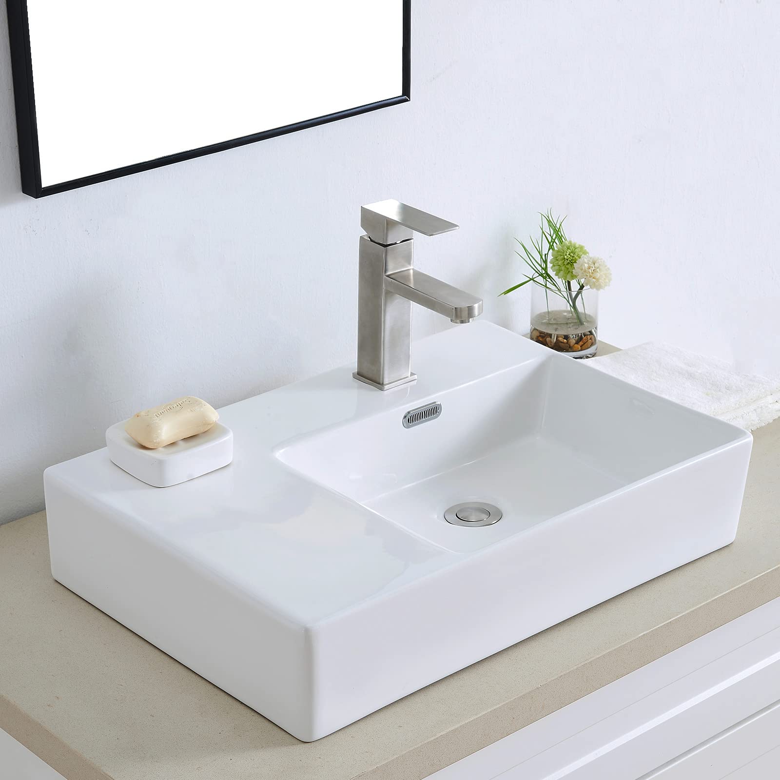 IKEBANA 24x17 Inch Wall Mounted Bathroom Sink - Modern Ceramic Floating or Countertop Vessel Lavatory Sink for Powder Room, Guest Bath & Small Spaces | Right Side Drain | White Rectangular Design