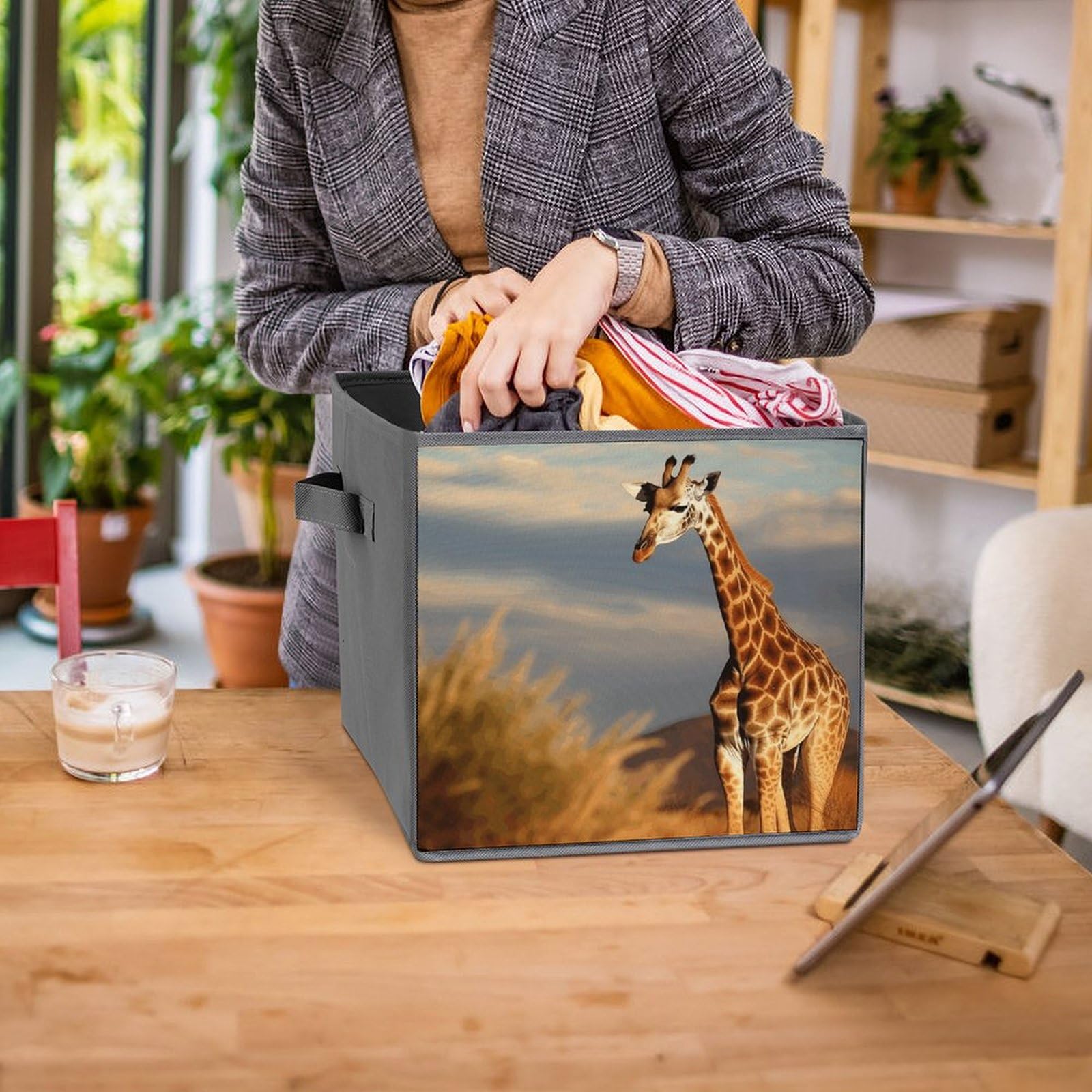 2PCS Foldable Storage Bins with Handles - Large Capacity Giraffe & African Animals Printed Storage Boxes for Playroom, Office, Home Organization | Perfect for Kids' Toys, Books & Clutter Control