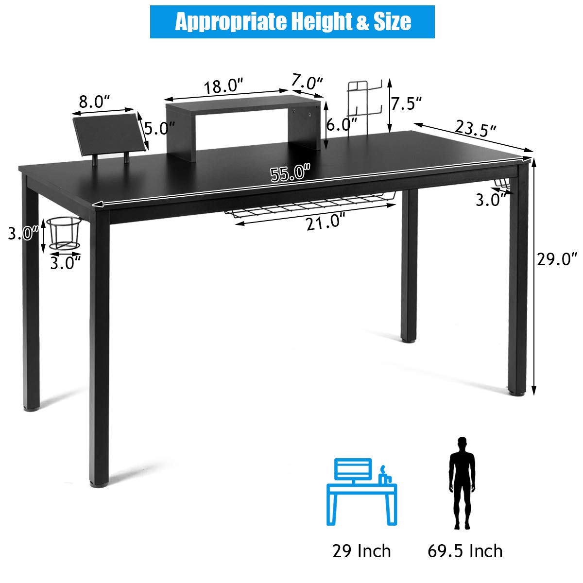 Tangkula 55 Inch Large Gaming Computer Desk - Ergonomic Home Office Desk with Monitor Shelf, Cup Holder, Tablet Board & Headphone Hook - Study Workstation with Storage Basket for PC, Laptop & Console Gaming (Black) - Perfect for Home Office, Gaming Setup & Remote Workstations