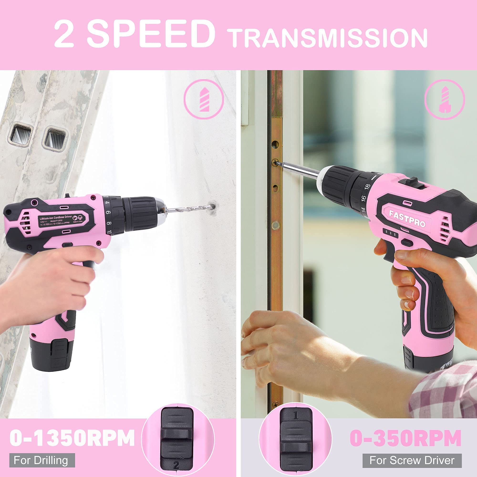 FASTPRO 220-Piece Pink Home Repair Tool Kit for Women - Includes 12V Cordless Lithium-Ion Drill Driver - Perfect for DIY Projects, Home Maintenance & Small Repairs