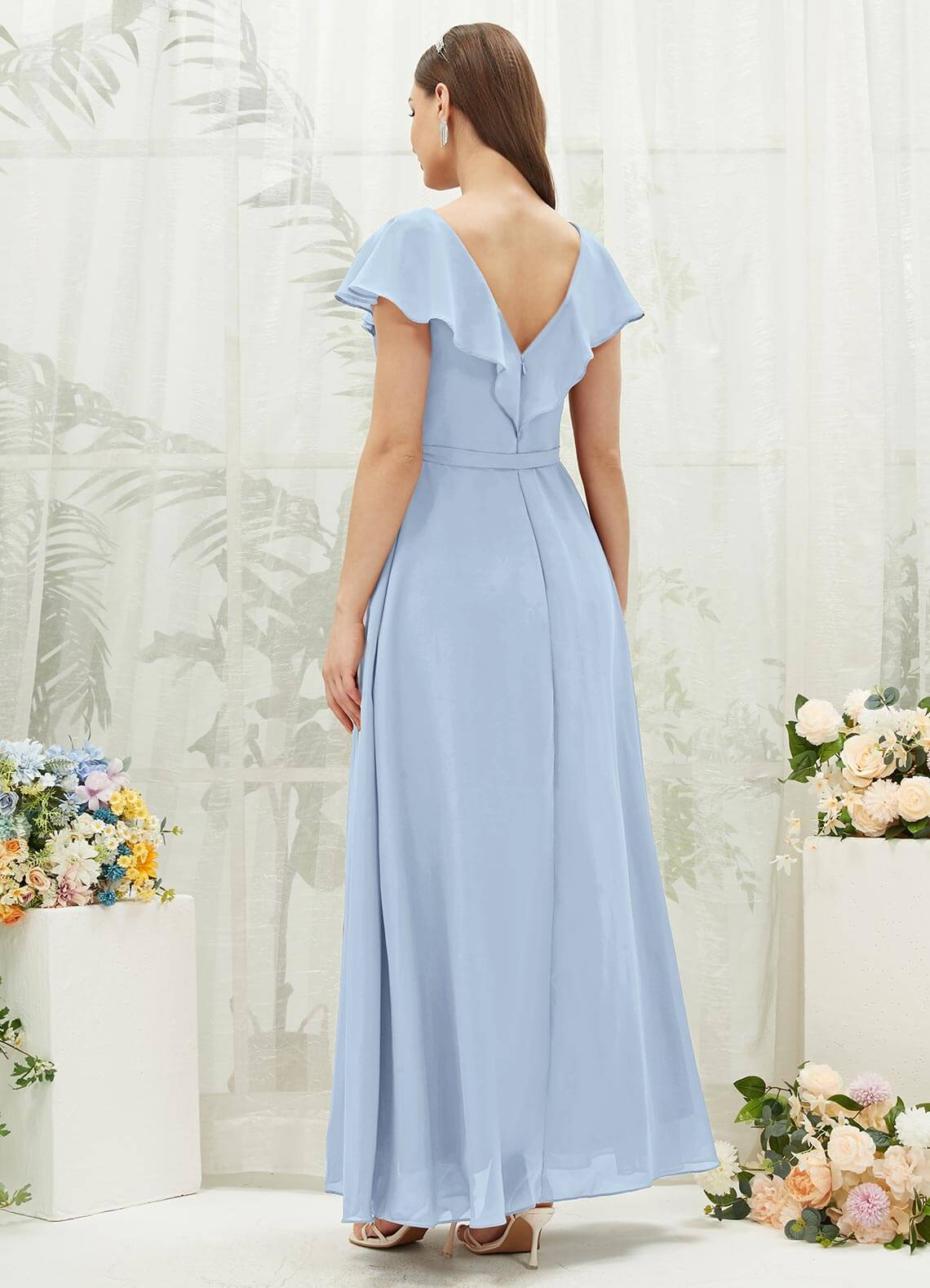 Cornflower Blue Chiffon Bridesmaid Dress with Ruffle Sleeves & V-Neck Slit - Elegant Formal Gown for Weddings, Prom, Evening Parties & Special Occasions