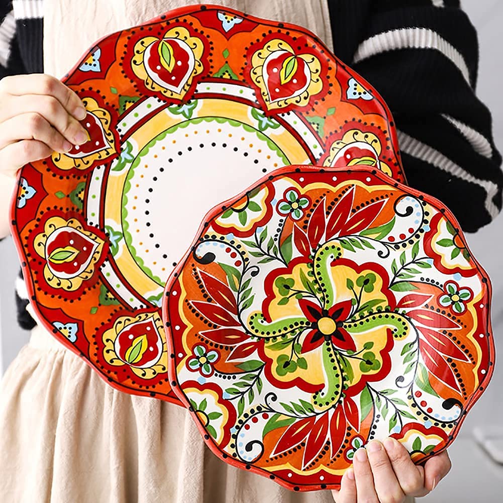Exotic Style 6-Piece Ceramic Dinnerware Set - Hand Painted Red Plates & Bowls with Colorful Floral Patterns | Perfect for Carnival Parties, Home Dining, and Special Occasions