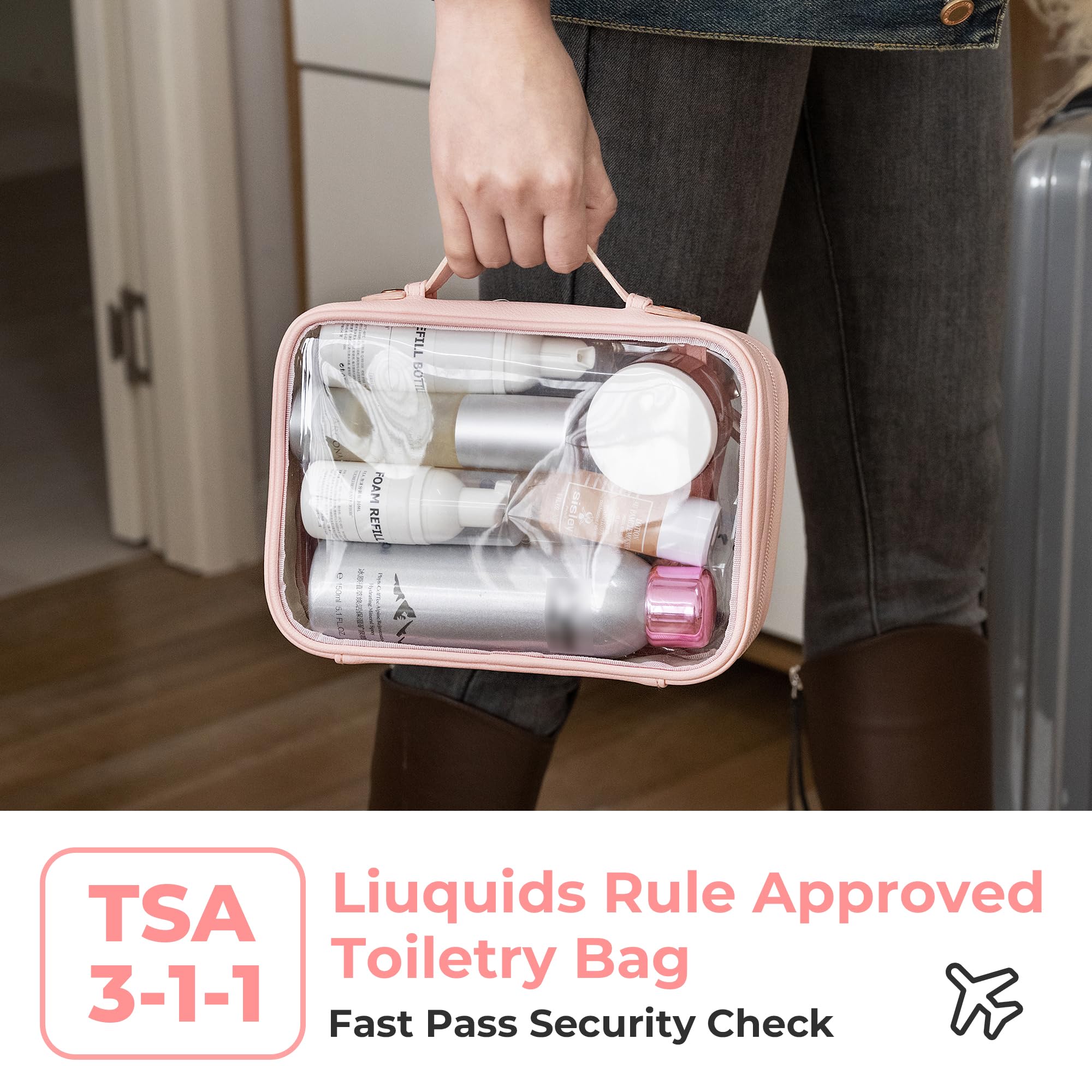 TSA Approved Clear Toiletry Bag for Women - Waterproof PVC Travel Cosmetic Organizer with Leather Accents (Pink) | Perfect for Air Travel, Gym & Weekend Getaways