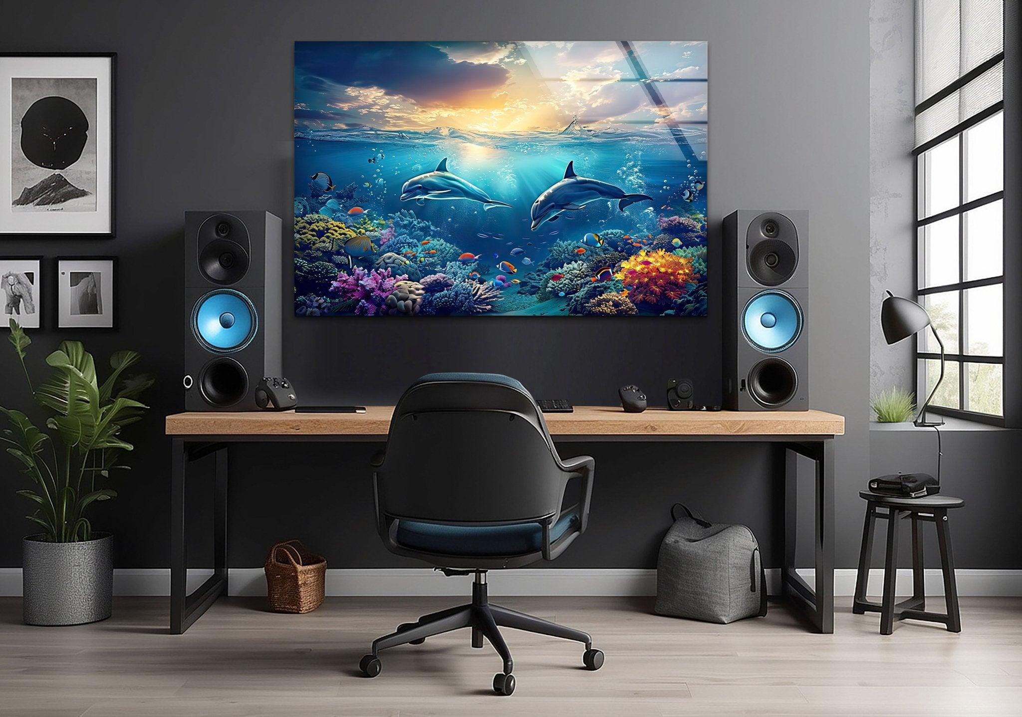 Stunning Dark Blue Dolphins Glass Wall Art - Handmade Ocean Themed Decor for Living Room, Bedroom & Office