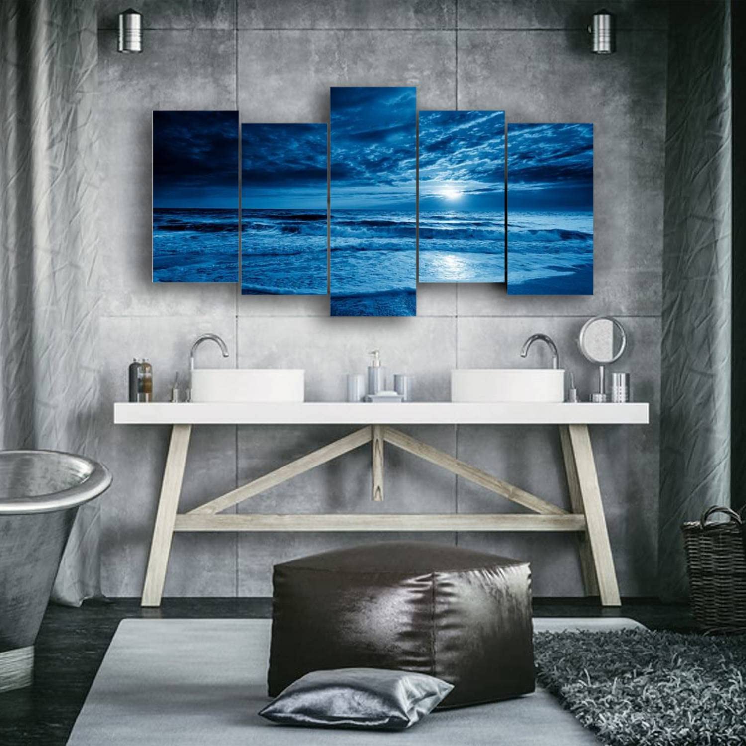Midnight Blue Coastal Moonrise Canvas Wall Art - 5 Panels for Living Room & Bedroom Decor