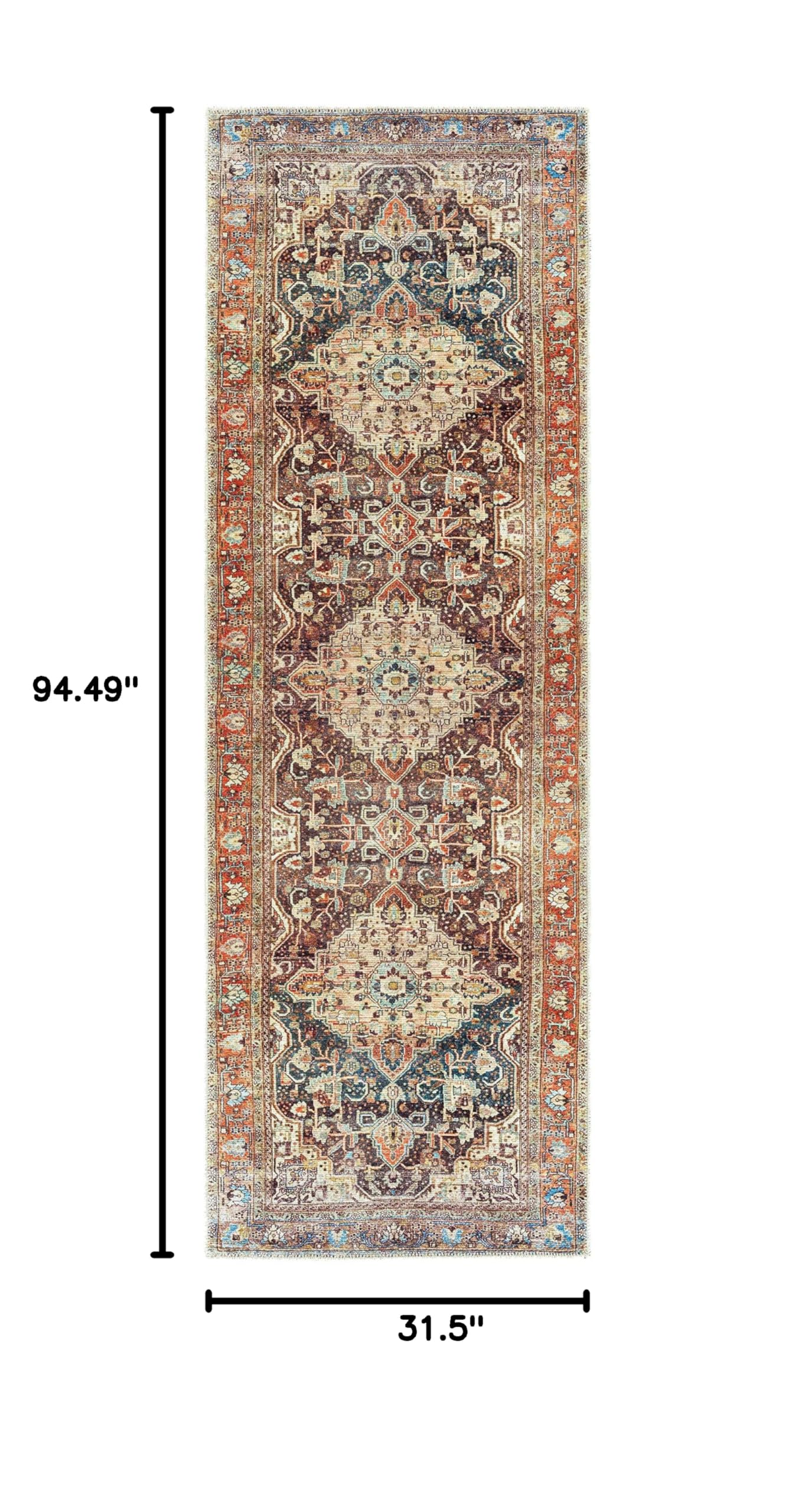 Hauteloom Portlaw Hallway & Kitchen Washable Runner Rug - Traditional Design in Gray, Blue, Red - 2'7