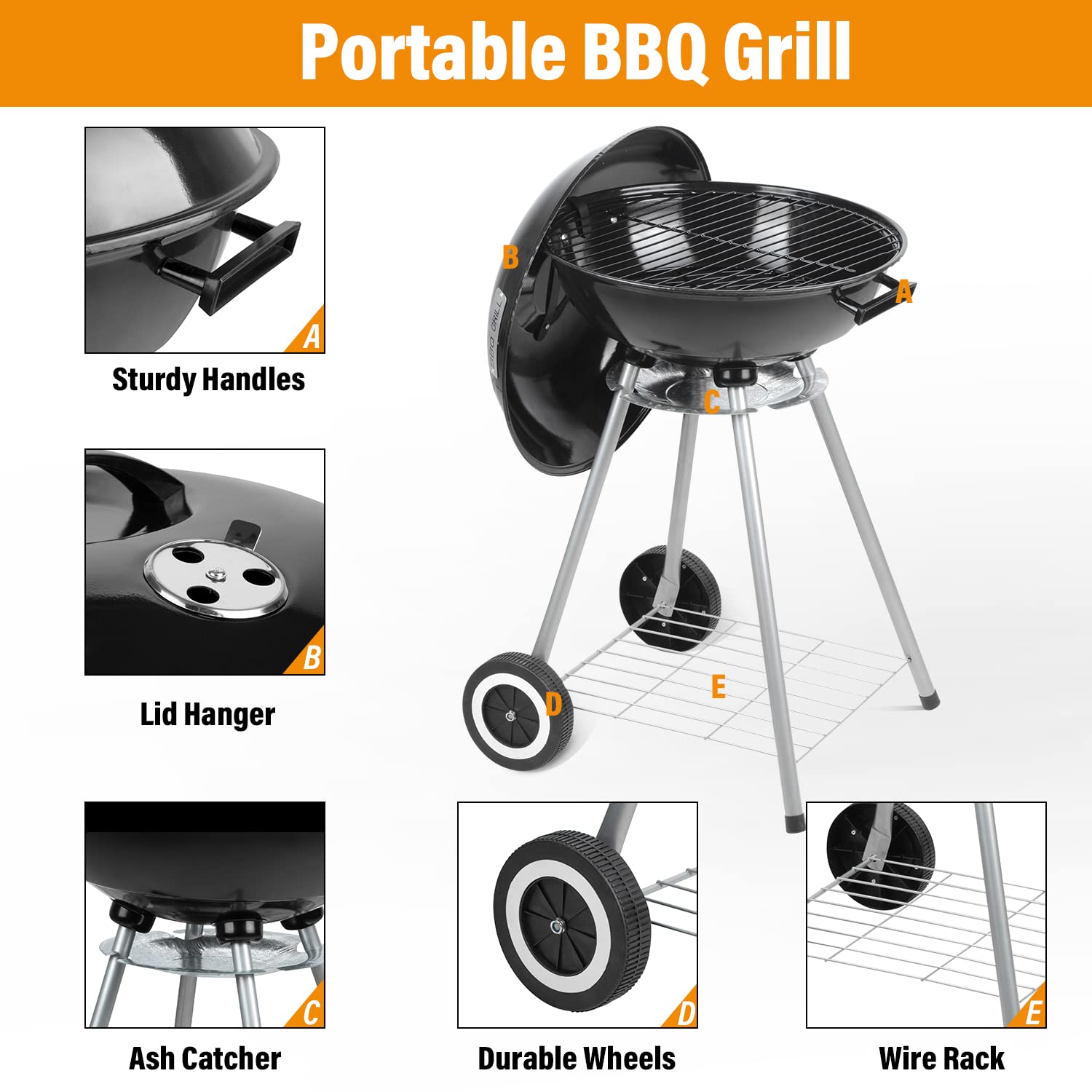 Portable 17 Inch Charcoal Grill with Wheels for Outdoor Cooking, Camping, Picnic & Backyard BBQ | Compact & Lightweight for Easy Transport | Perfect for Tailgating, Beach Parties & Family Gatherings