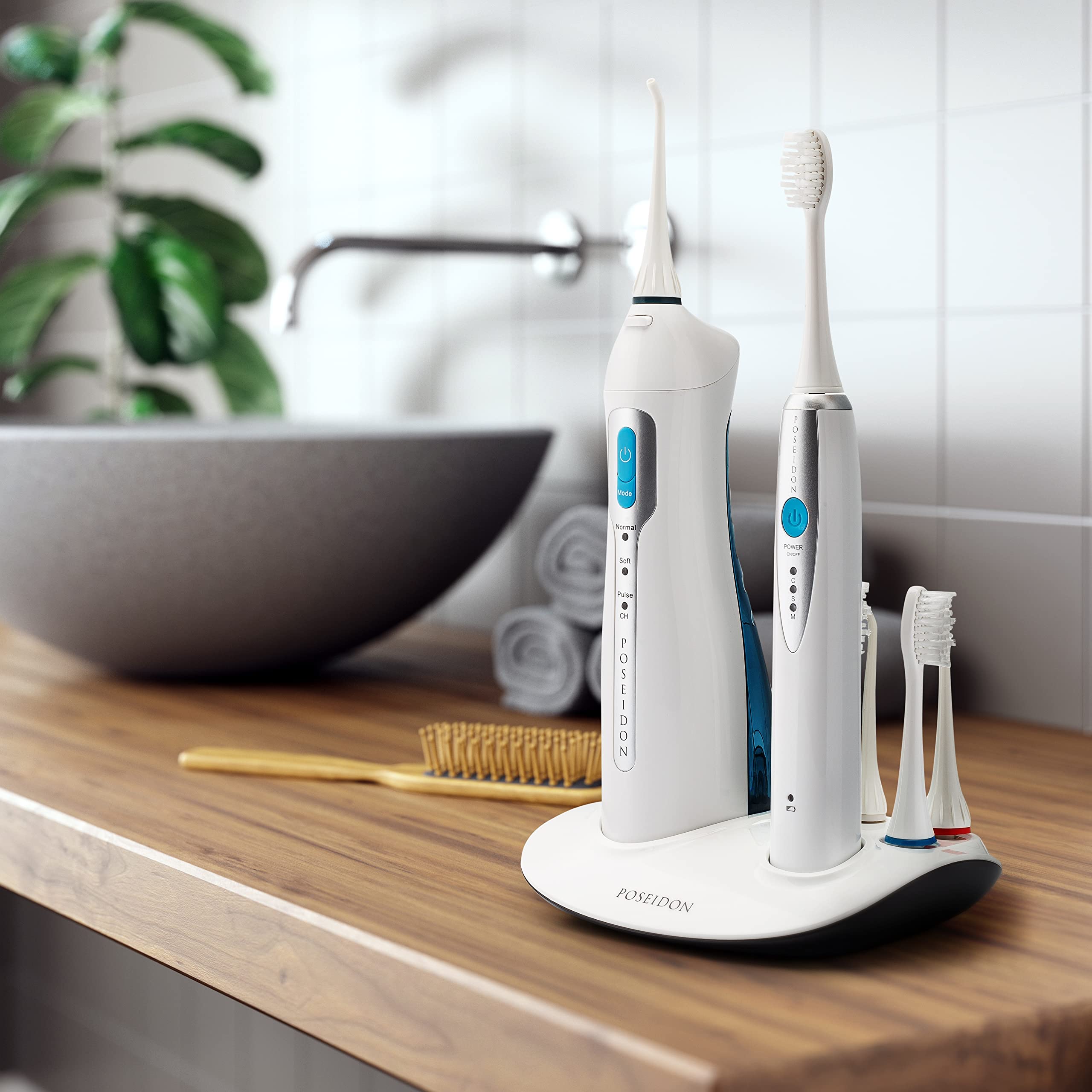 ToiletTree Poseidon Rechargeable Sonic Toothbrush & Water Flosser Combo - Electric Toothbrush with Oral Irrigator for Healthy Gums & Fresh Breath - Includes 4 Brush Heads & 3 Water Jet Tips - Perfect for Travel, Home & Family Dental Care