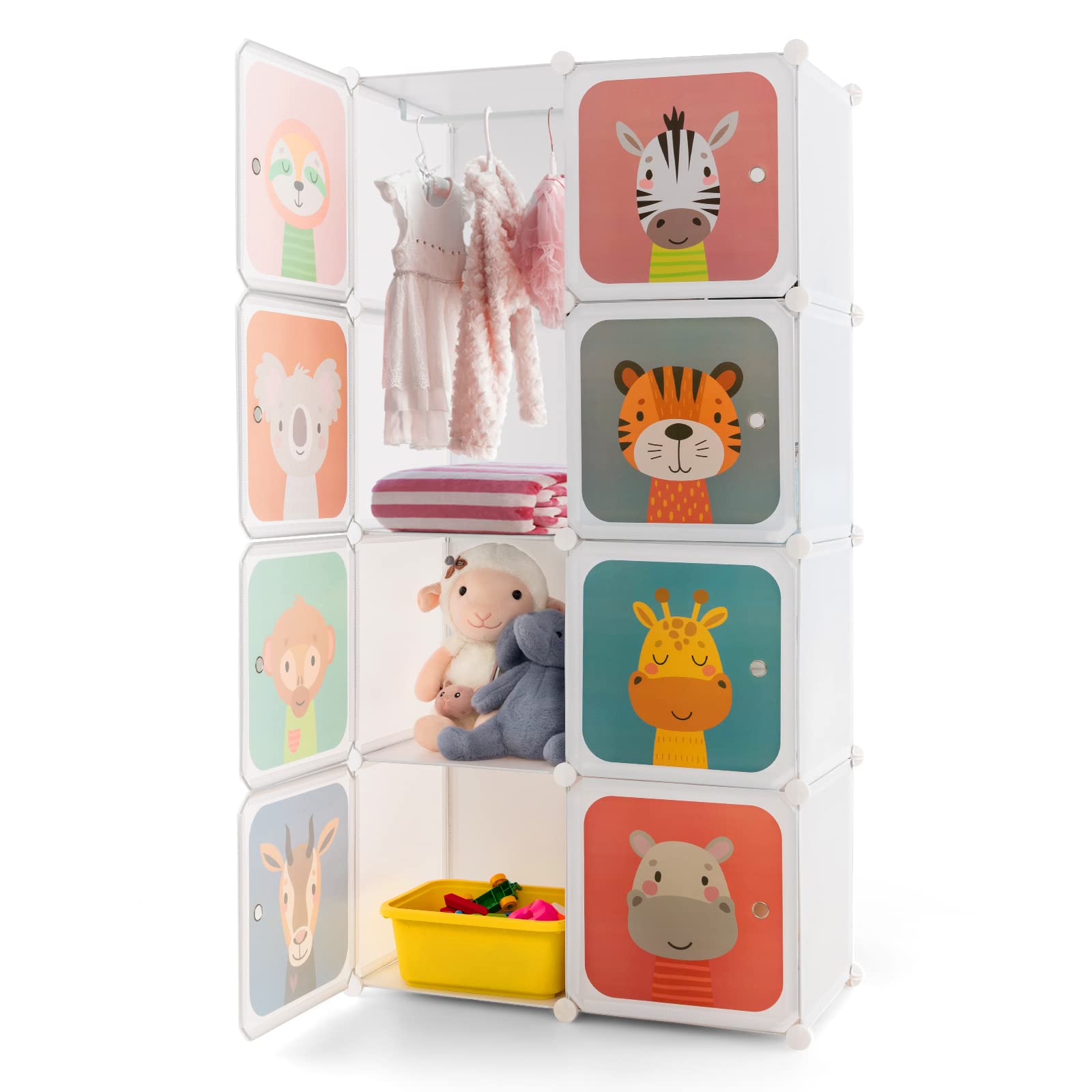 Costzon Kids Closet Organizer - 8-Cube DIY Modular Dresser with Clothes Hanging Rack, Portable Wardrobe for Toddlers & Children, White Nursery Storage Solution for Bedroom & Playroom Organization
