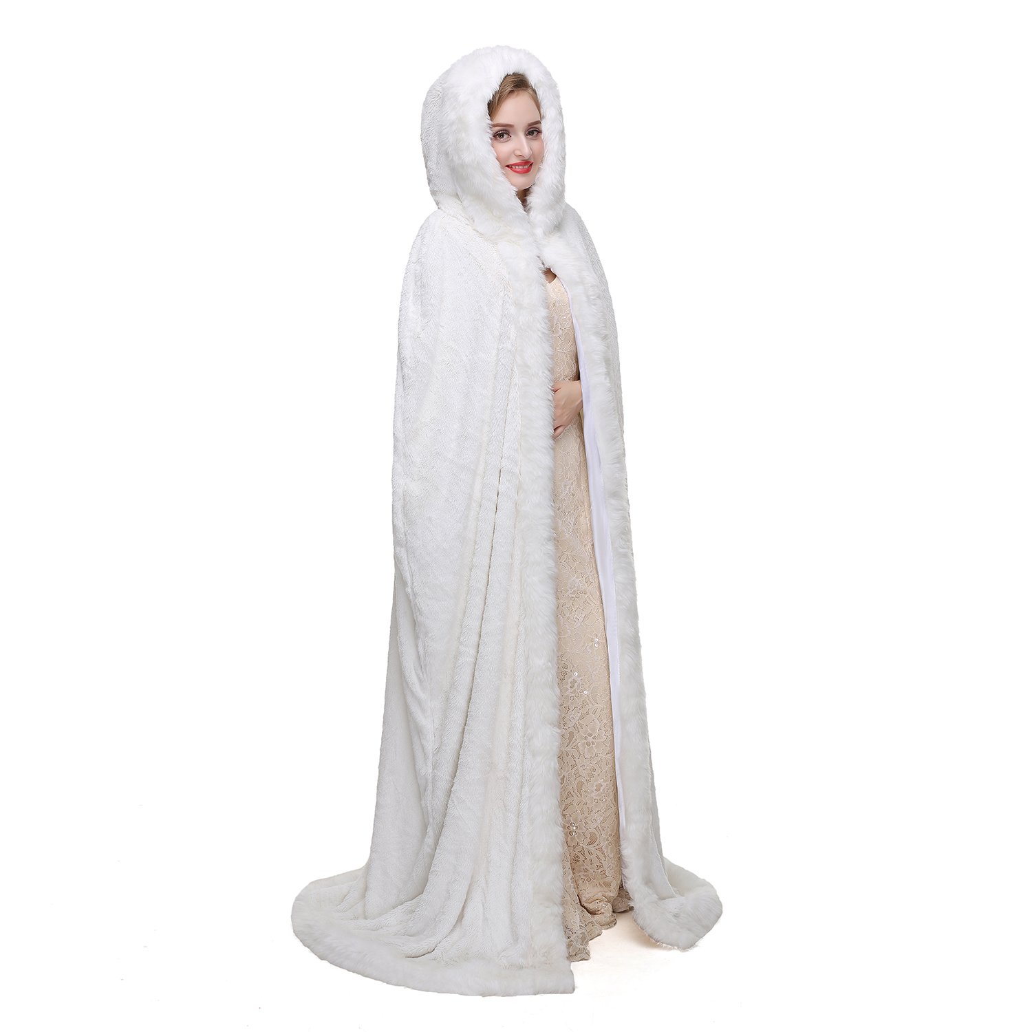 Elegant White Hooded Bridal Cape - Winter Wedding Cloak for Women, Medium Size, Warm Fleece Lining - Perfect for Outdoor Ceremonies, Photoshoots & Cold Weather Receptions