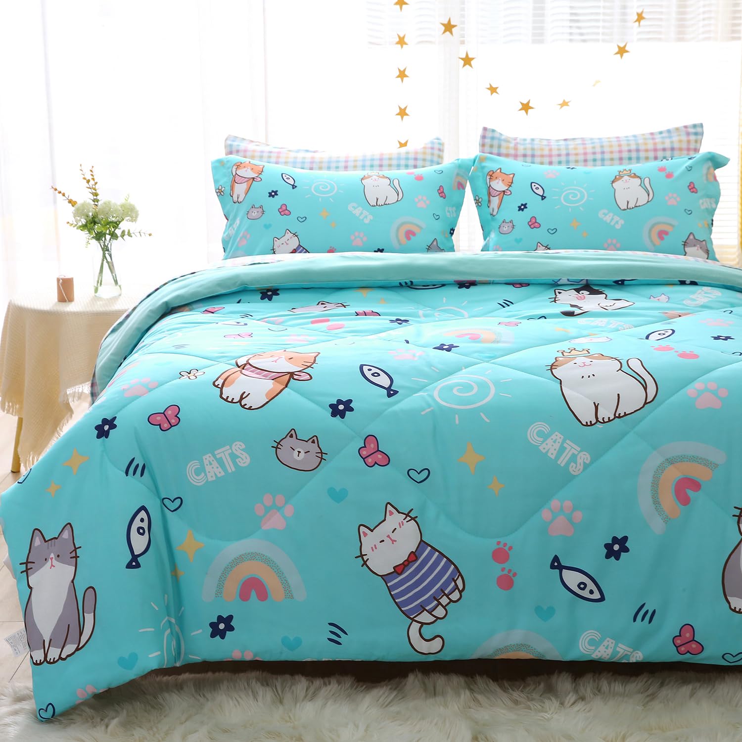 Cute Kawaii Cats Comforter Set - Twin Size 7-Piece Bedding for Kids & Teens - Soft Cartoon Animal Fish Butterfly Rainbow Star Sun Heart Design - Lightweight All-Season Comfort - Perfect for Bedrooms, Dorms, Sleepovers & Gifts