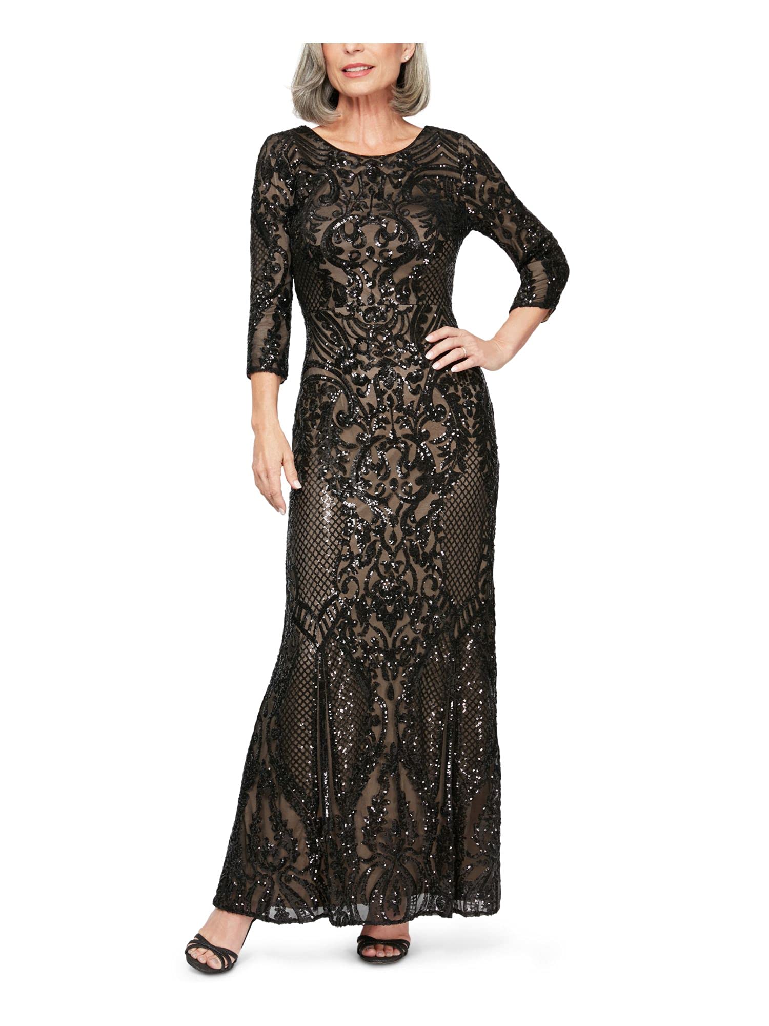 Alex Evenings Women's Long Sequin Evening Gowns with 3/4 Sleeves - Perfect for Prom, Cocktail Parties & Formal Events