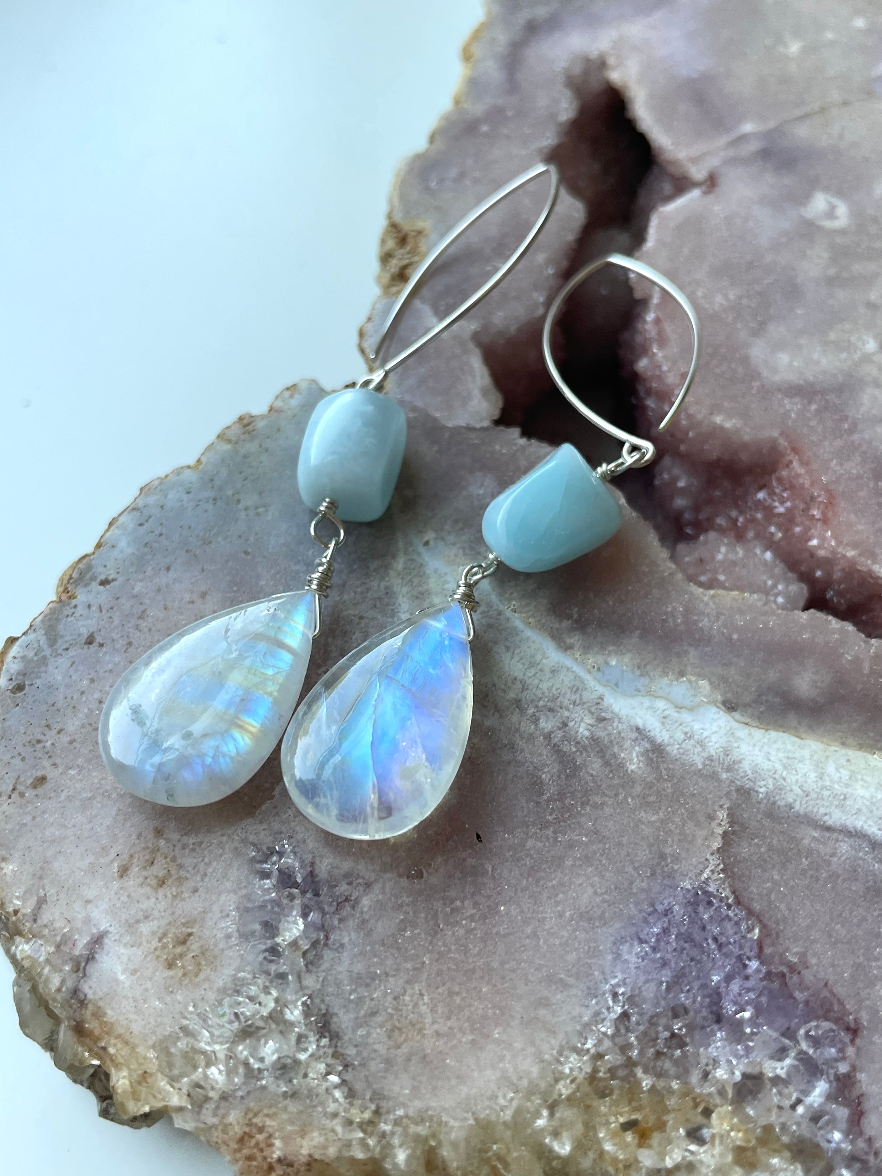 Long Larimar and Moonstone Earrings - Sterling Silver or Gold Filled Dangle Earrings for Women | Perfect for Weddings, Parties & Boho Fashion