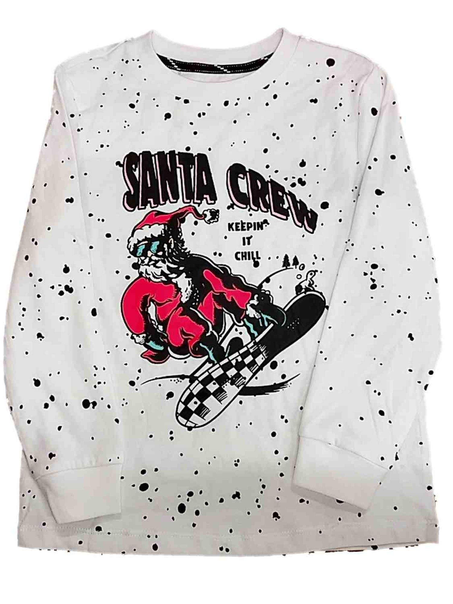 Boys Santa Crew Neck Long Sleeve T-Shirt - White Christmas Art Class Graphic Tee - XL Size for Holiday School Events & Family Gatherings