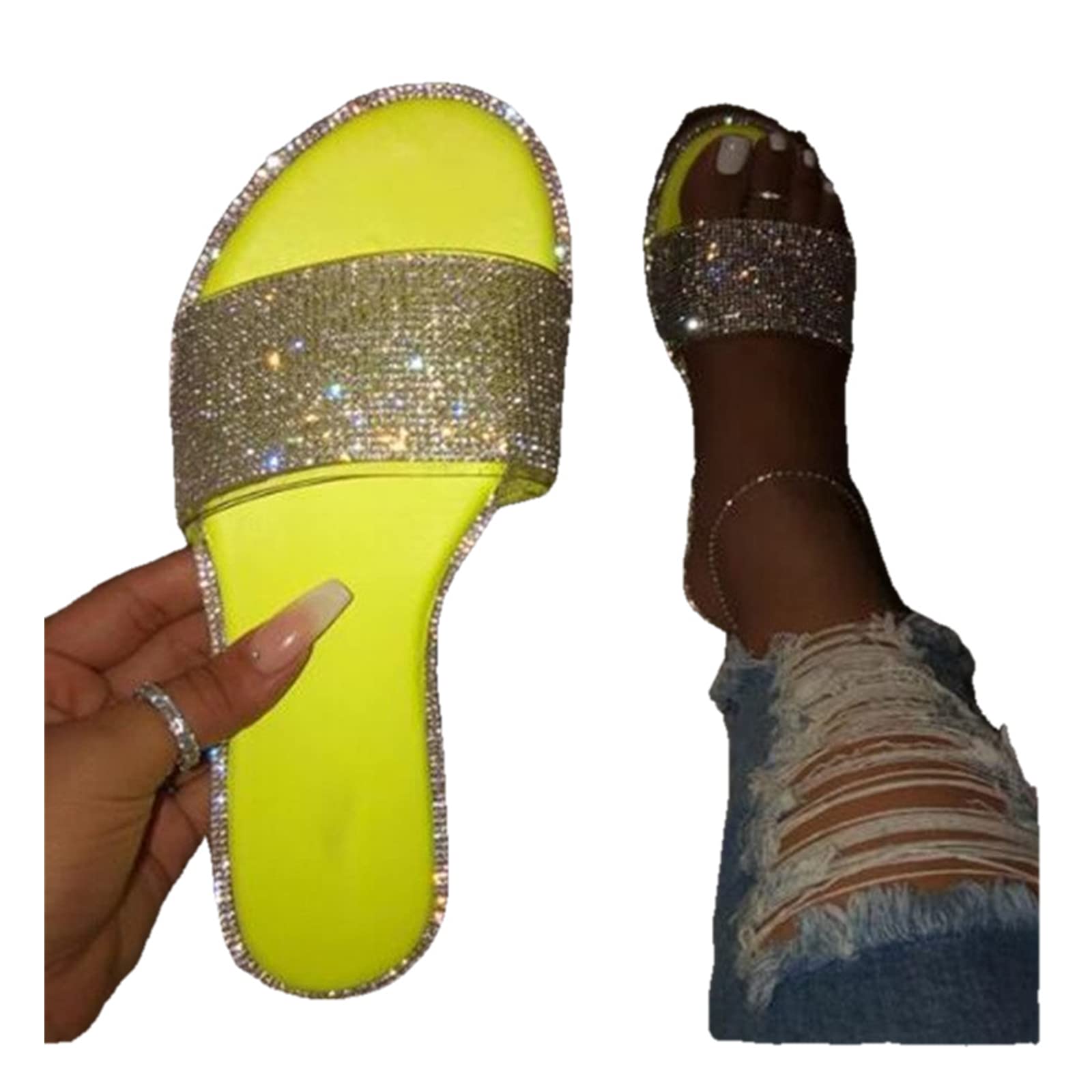 Women's Rhinestone Glitter Sandals - Dressy Flat Open Toe Flip Flops for Summer Beach, Party & Casual Wear