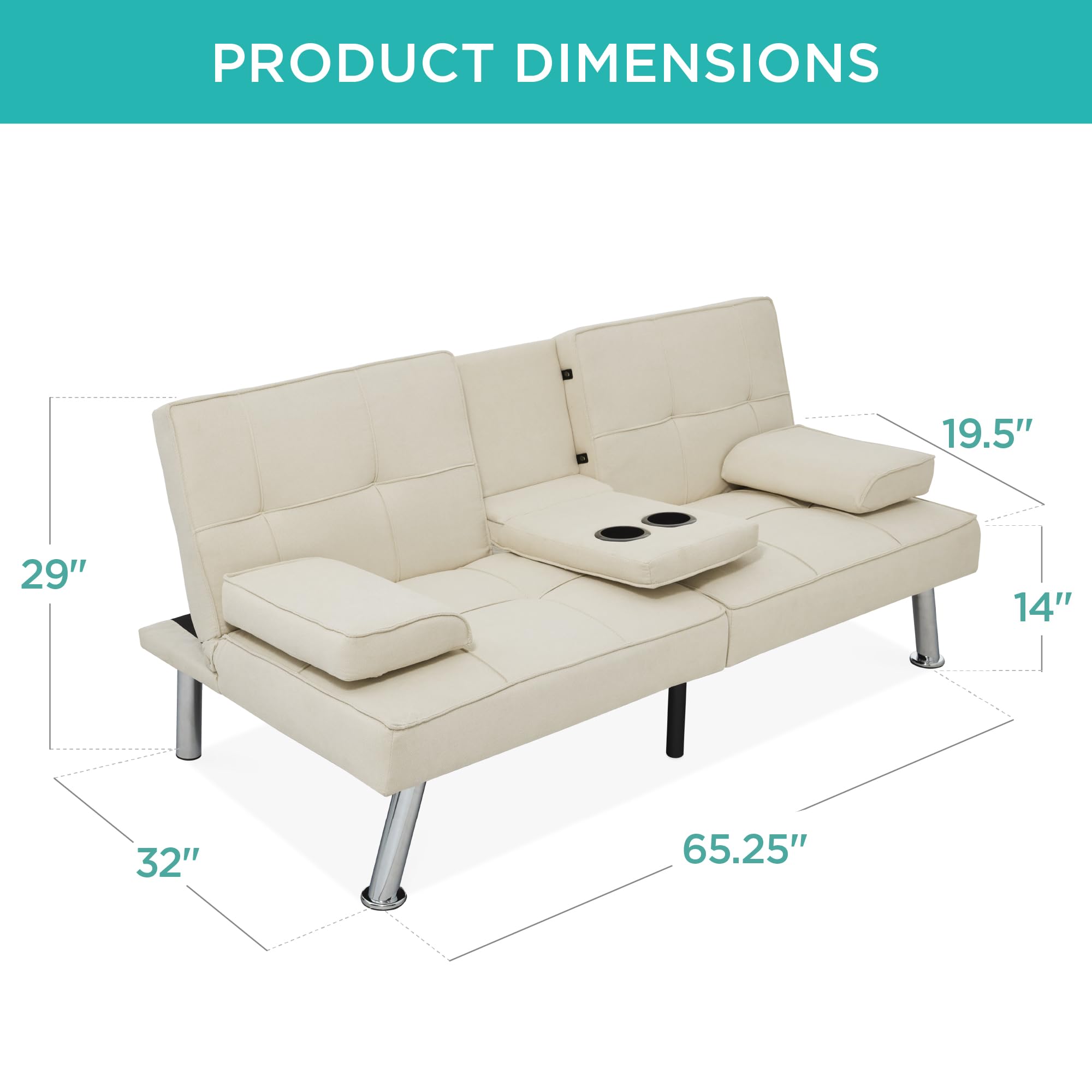 Best Choice Products Modern Folding Futon Sofa Bed - Reclining Linen Convertible Couch with Removable Armrests & 2 Cupholders - Ivory - Perfect for Small Apartments, Dorm Rooms & Guest Rooms