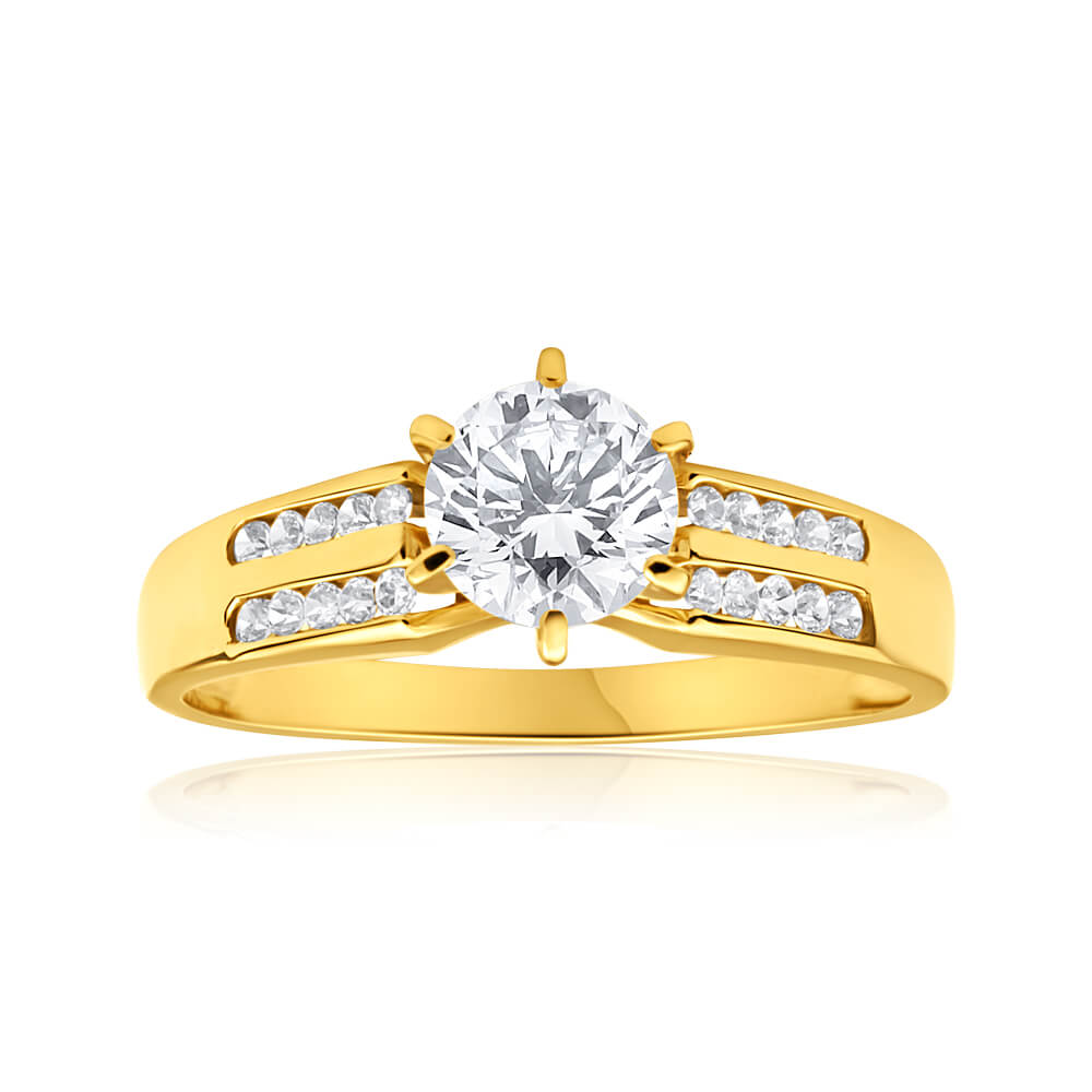 9ct Yellow Gold 6mm Solitaire & Channel Set Cubic Zirconia Ring for Women - Elegant Wedding, Engagement & Anniversary Jewelry Gift
