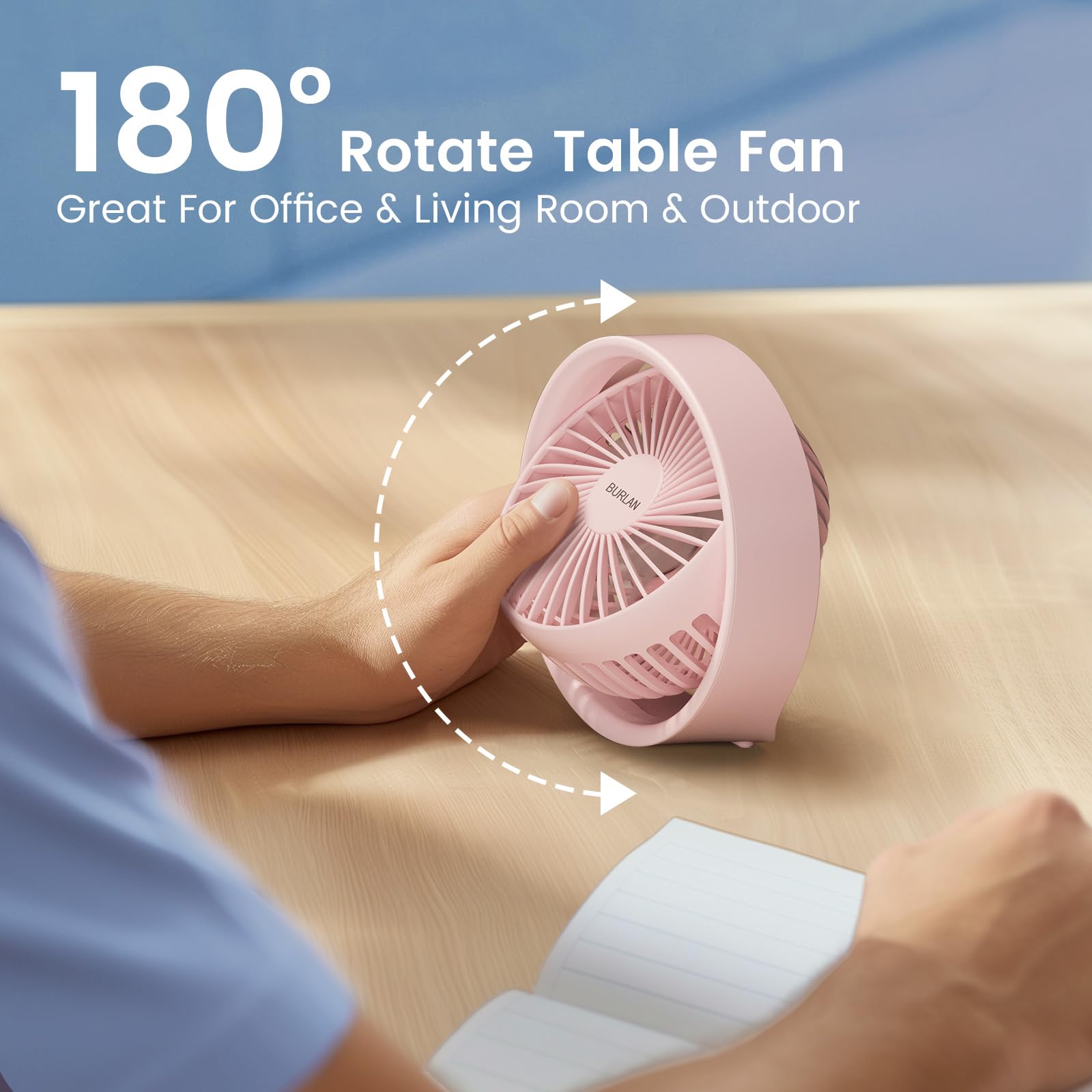 USB Rechargeable Cordless Desk Fan - 70ft Strong Airflow, Quiet Operation with LED Light & 360° Rotation - Portable Battery Powered Table Fan for Bedroom, Home Office, Outdoor, Travel, Camping (Pink)